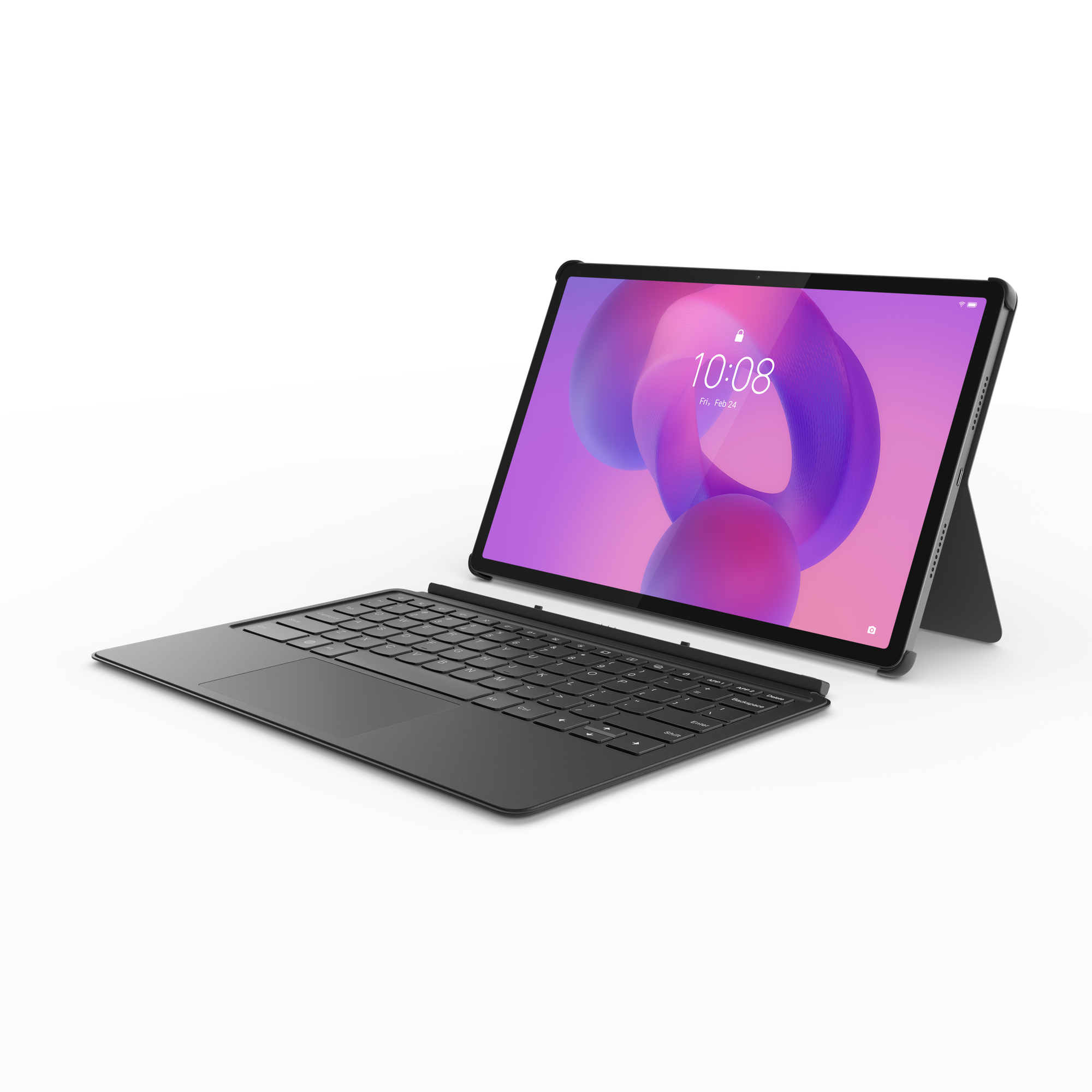 Klavyeli bir tablet açık. Ekran saat ve tarihi gösteriyor. Arka plan siyah.