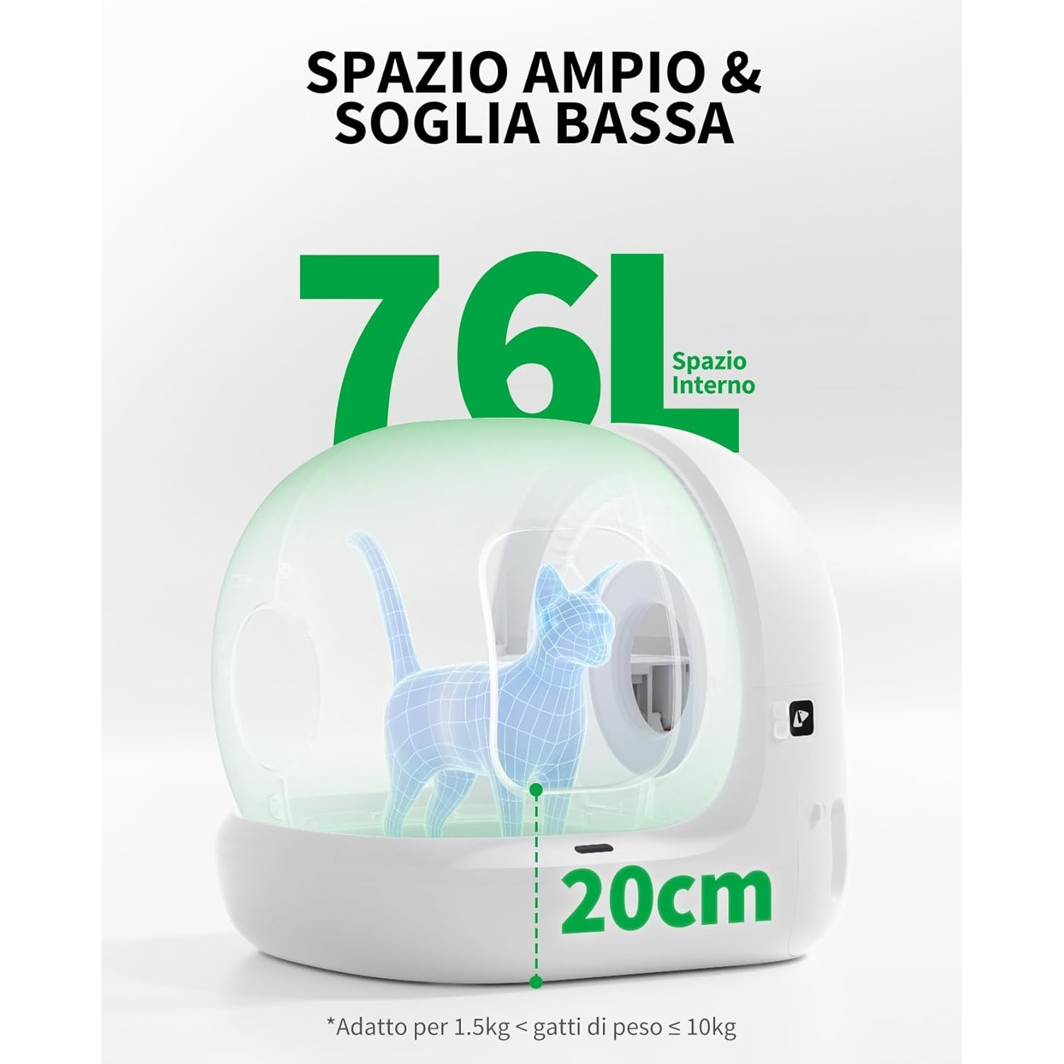 Una lettiera bianca con interno verde. Ha un contorno di gatto blu all'interno. Sono visibili i numeri 76L e 20cm.