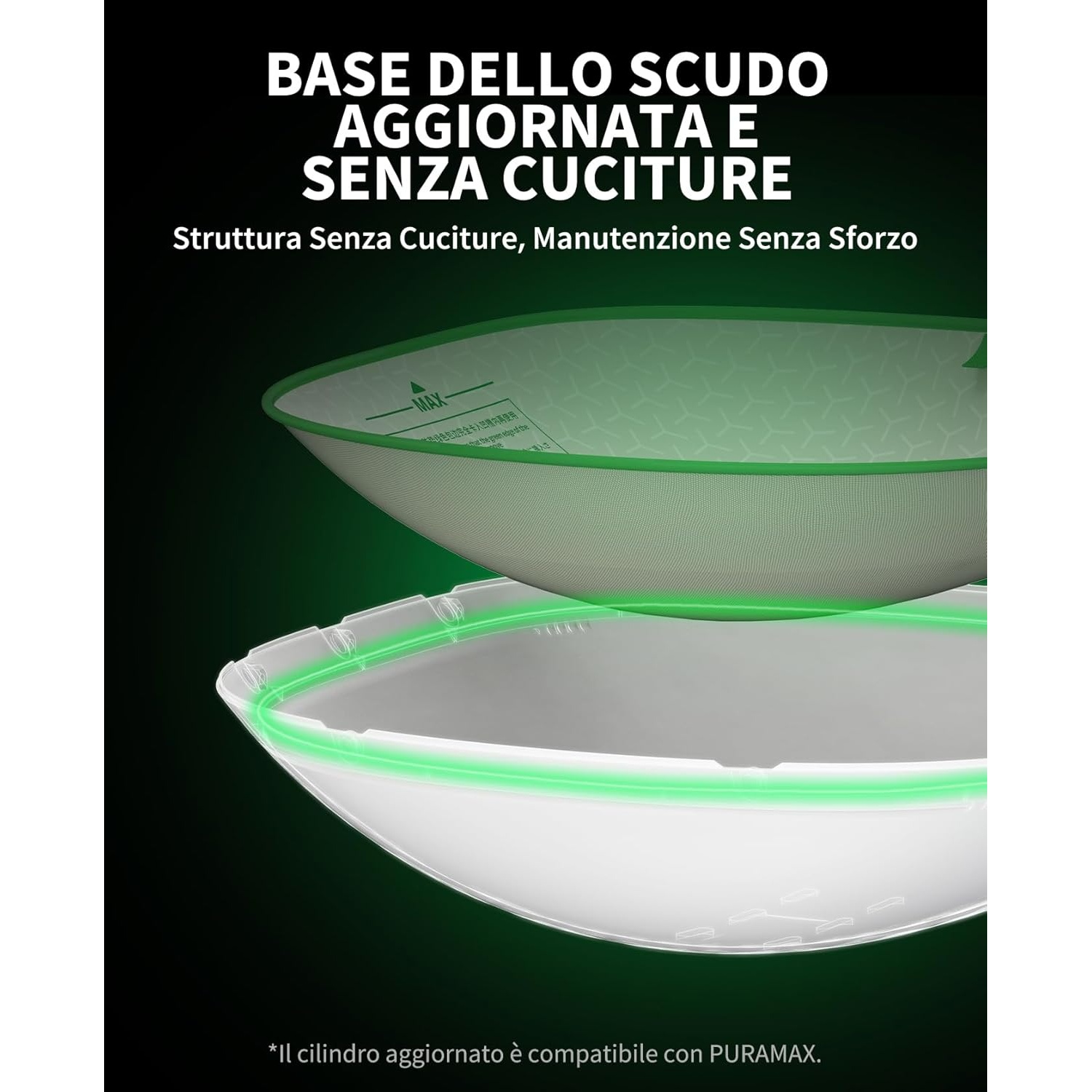 Due oggetti bianchi a forma di ciotola con bordi verdi sono impilati. Il testo in alto dice 'BASE DELLO SCUDO'. Sotto c'è del testo su un cilindro.