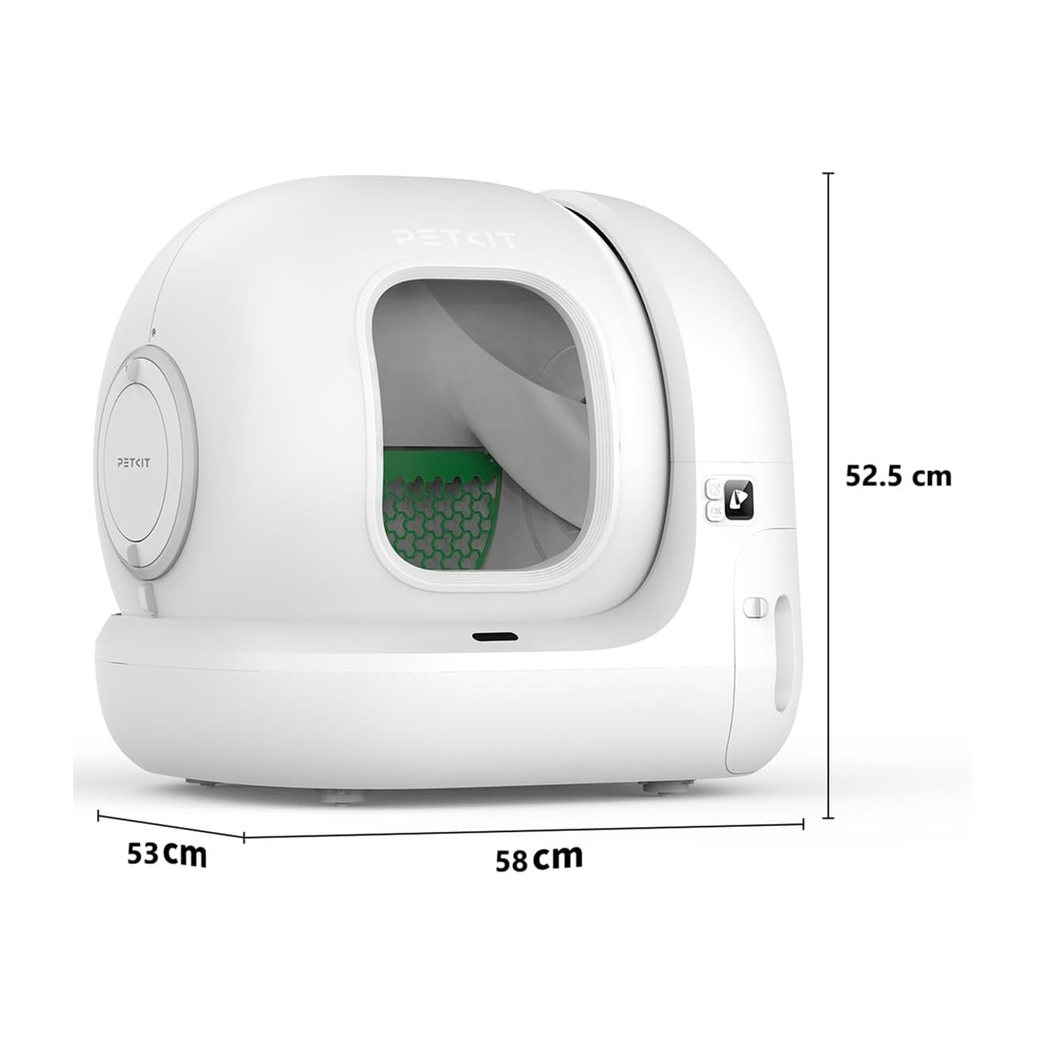 Lettiera autopulente PETKIT bianca. Dimensioni: 58cm x 53cm x 52,5cm. Ha un ingresso, un setaccio per lettiera verde e un pannello di controllo.