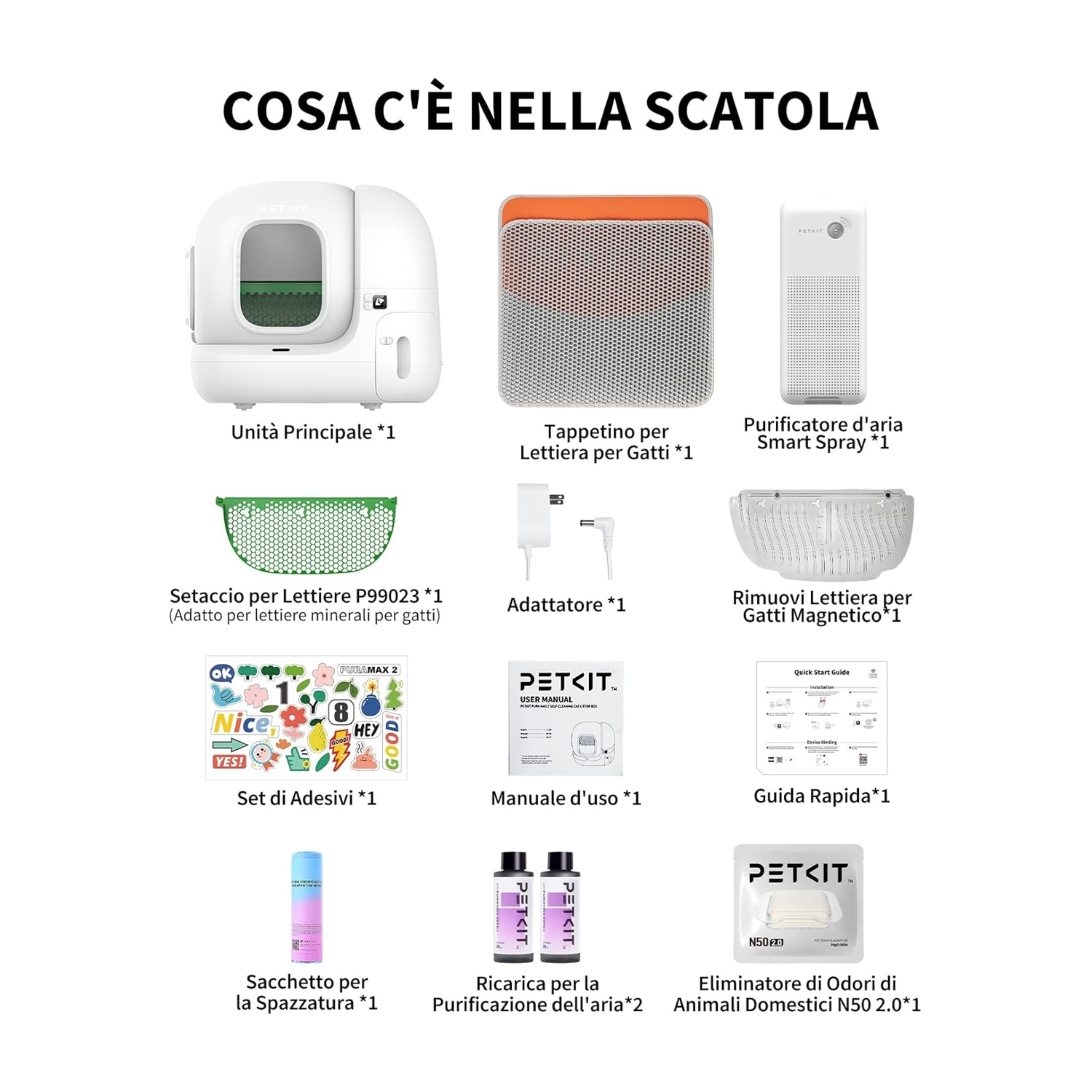 Contenuto della scatola: lettiera, tappetino, purificatore d'aria, setaccio, adattatore, rimozione lettiera, adesivi, manuale, guida rapida, sacchetto, ricariche, eliminatore odori.