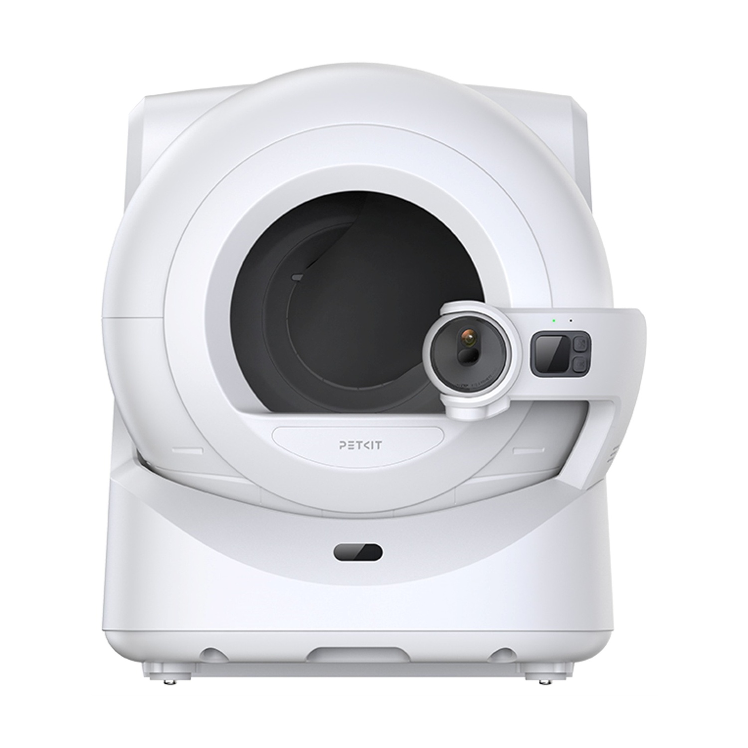 Una lettiera aut pulente PETKIT bianca. Ha una parte superiore arrotondata con un'apertura, pulsanti e una fotocamera. La base è rettangolare.