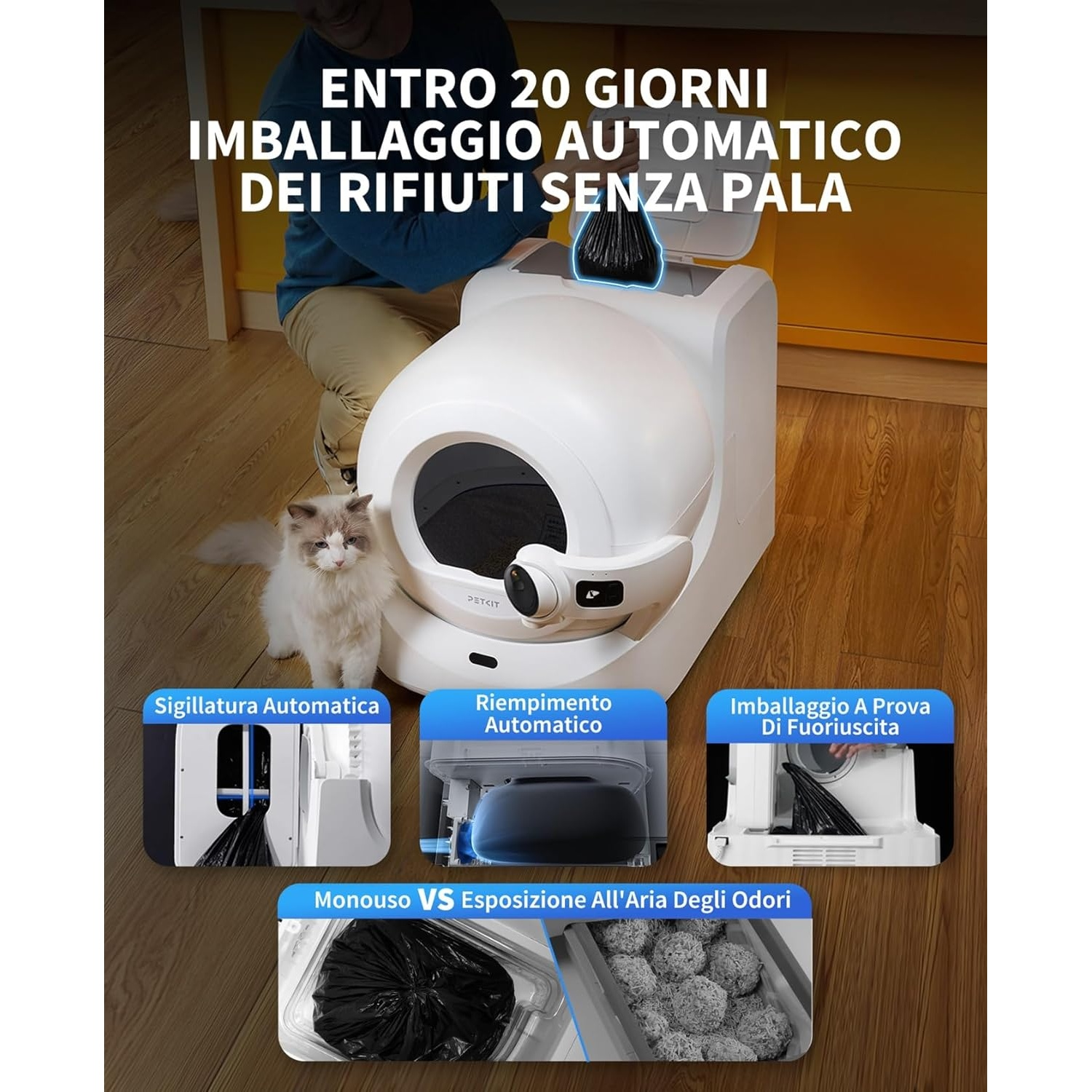 Una lettiera automatica bianca con un gatto davanti. Il testo descrive funzionalità come la sigillatura automatica e il controllo degli odori.
