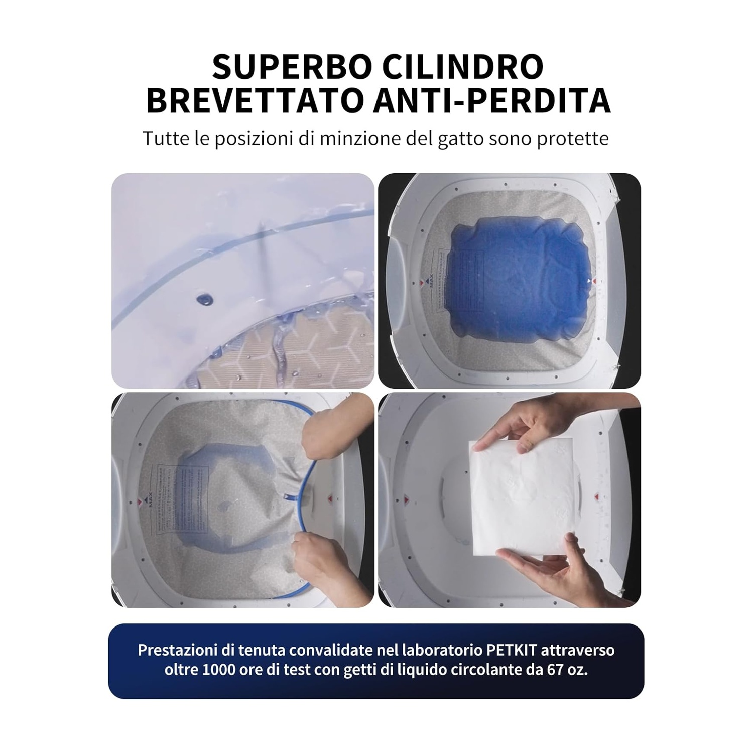 L'immagine mostra una lettiera per gatti con un cuscinetto blu, sottoposta a test per perdite. Il testo dice che è un cilindro brevettato anti-perdita.
