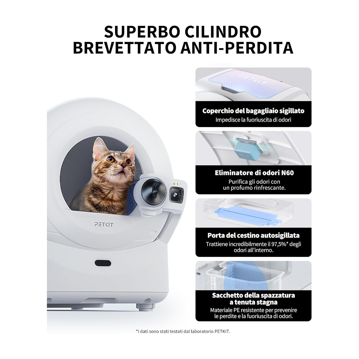 Una lettiera bianca con un gatto all'interno. Include coperchio sigillato, eliminatore di odori, contenitore autosigillante e sacco rifiuti.