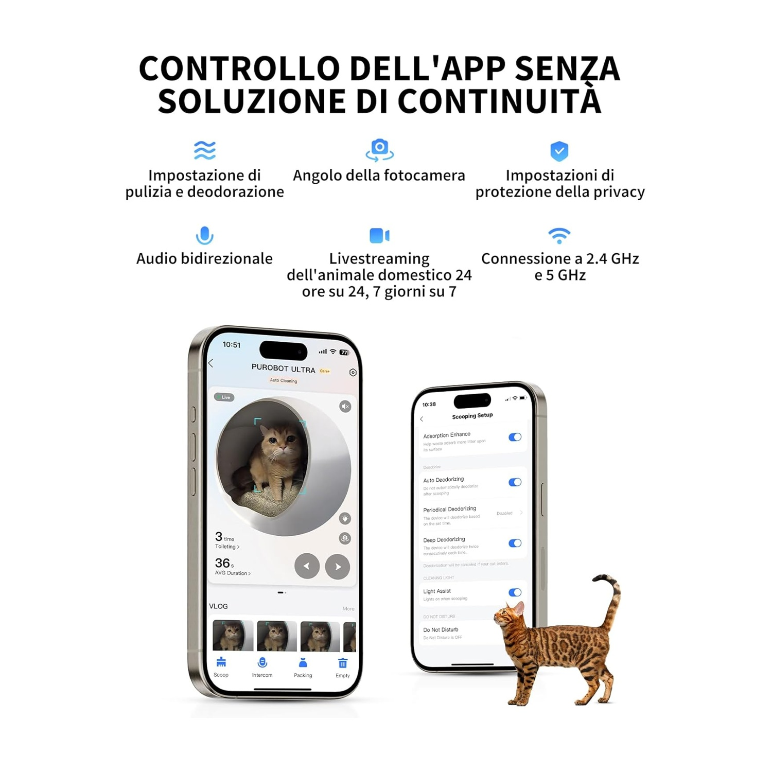 Due telefoni mostrano schermate dell'app. Un gatto è all'interno di una lettiera per gatti su un telefono. Un gatto del Bengala è in piedi accanto all'altro telefono.