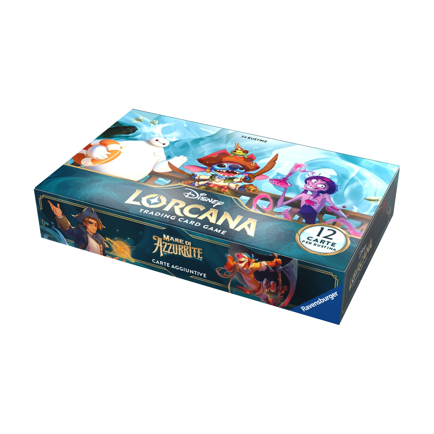 Una scatola del gioco di carte collezionabili Disney Lorcana. Presenta personaggi come Baymax, Stitch e altri. Include testo e logo Ravensburger.