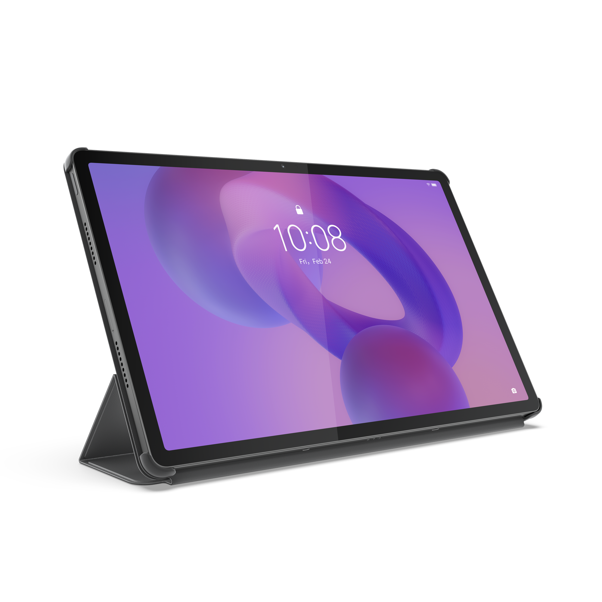 Siyah zemin üzerinde tablet, saat 10:08'i gösteriyor. Mor ekran. Standlı siyah çerçeve, ekran kilit simgesi gösteriyor.