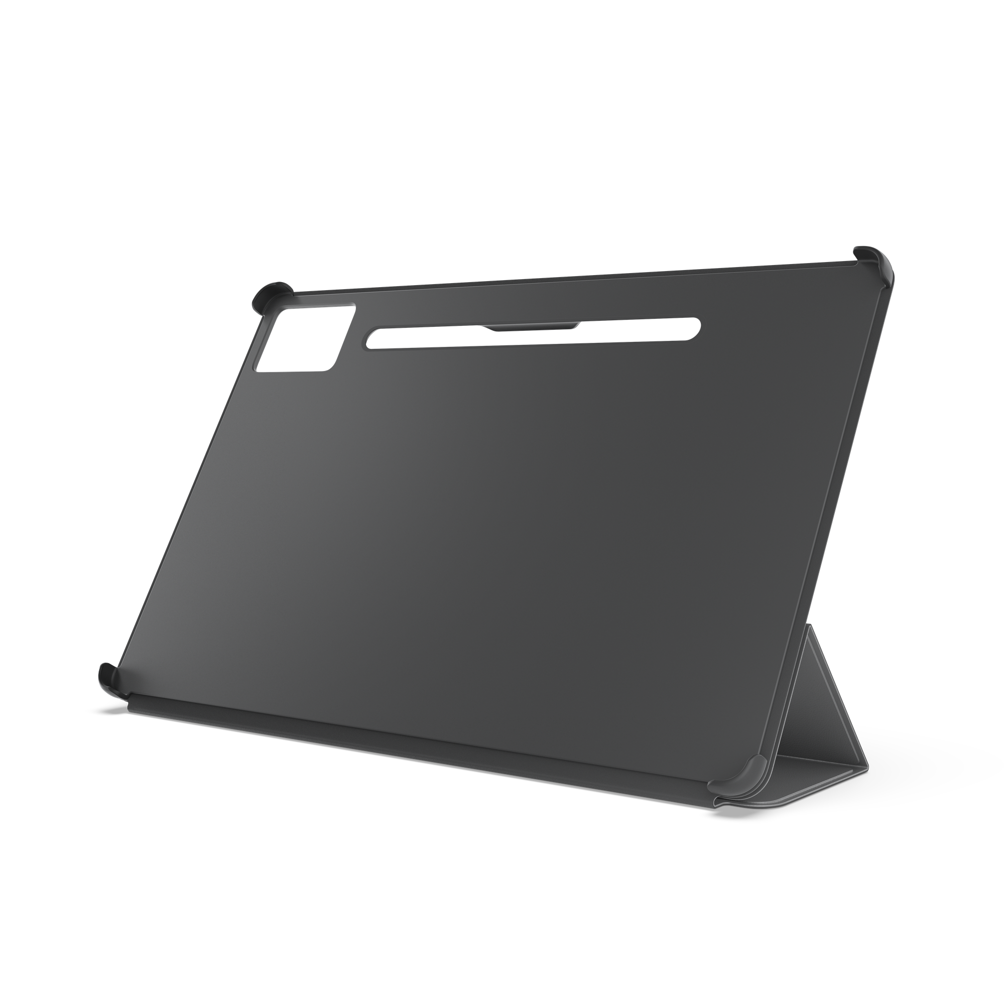Gri bir tablet kılıfı, siyah bir arka plan üzerinde açılı olarak görüntüleniyor. Kılıfın bir standı ve dikdörtgen bir deliği var.