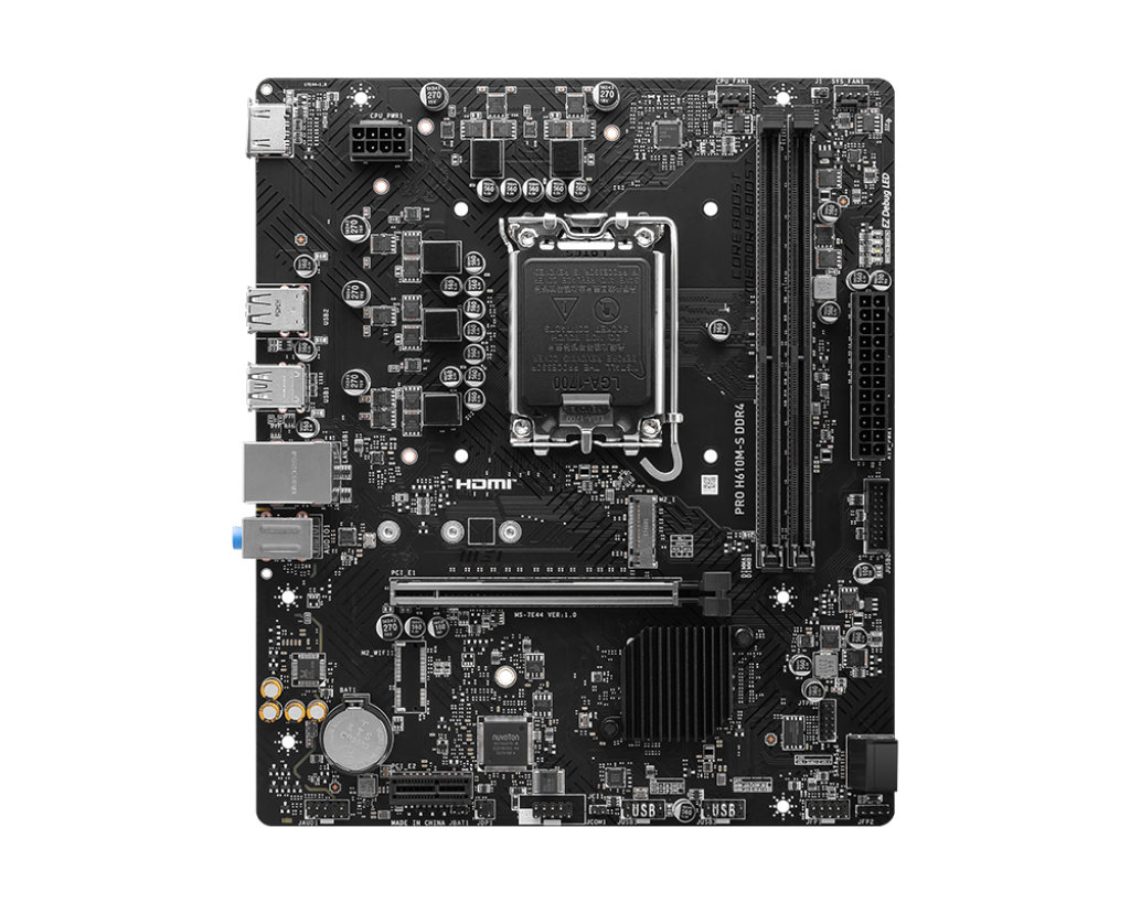 Siyah bir arka plan üzerinde yuvalar, bağlantı noktaları ve çipler dahil olmak üzere çeşitli bileşenlere sahip siyah bir anakart. Metin: PRO H610M-S DDR4, LGA-1700.