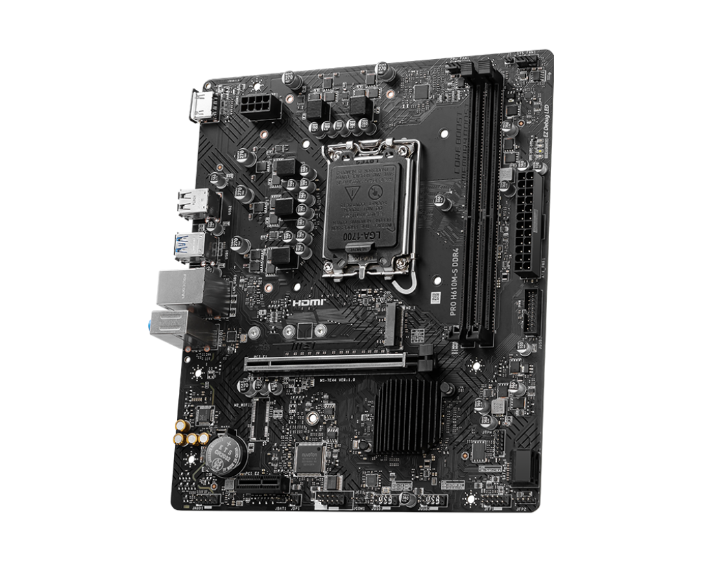 Siyah bir MSI PRO H610M-S DDR4 anakart. Çeşitli bağlantı noktalarına, yuvalara ve çiplere sahiptir, ortada bir LGA 1700 soketi bulunur.
