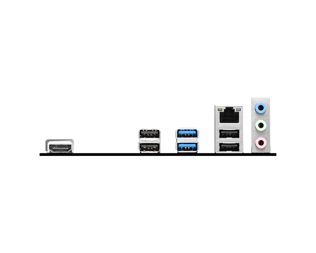 Bilgisayarın arka paneli. HDMI bağlantı noktası, USB bağlantı noktaları, ağ bağlantı noktası ve ses jakları görünür. Hepsi siyah bir arka planda.
