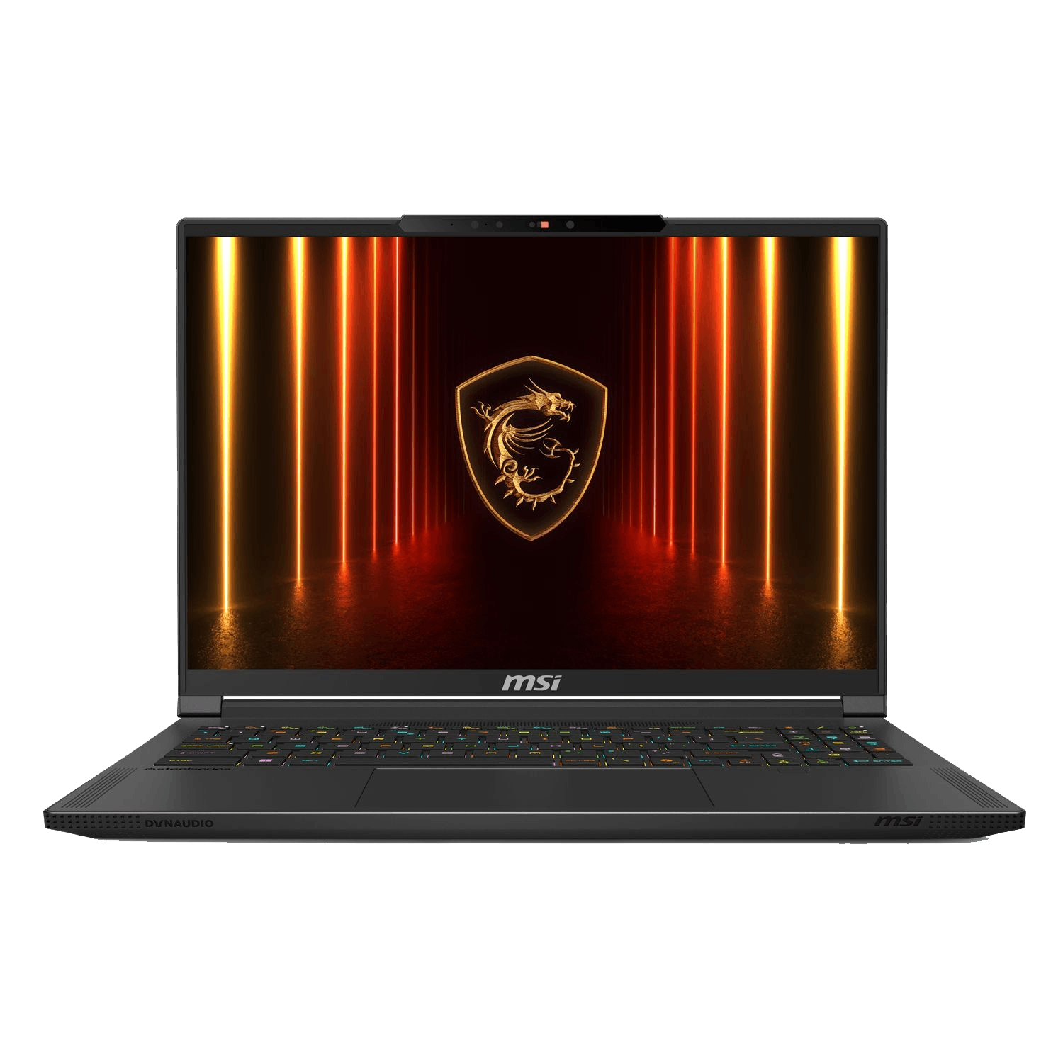 Ordinateur portable MSI avec écran lumineux. L'écran affiche un emblème de dragon. Le clavier est éclairé. Fond noir.