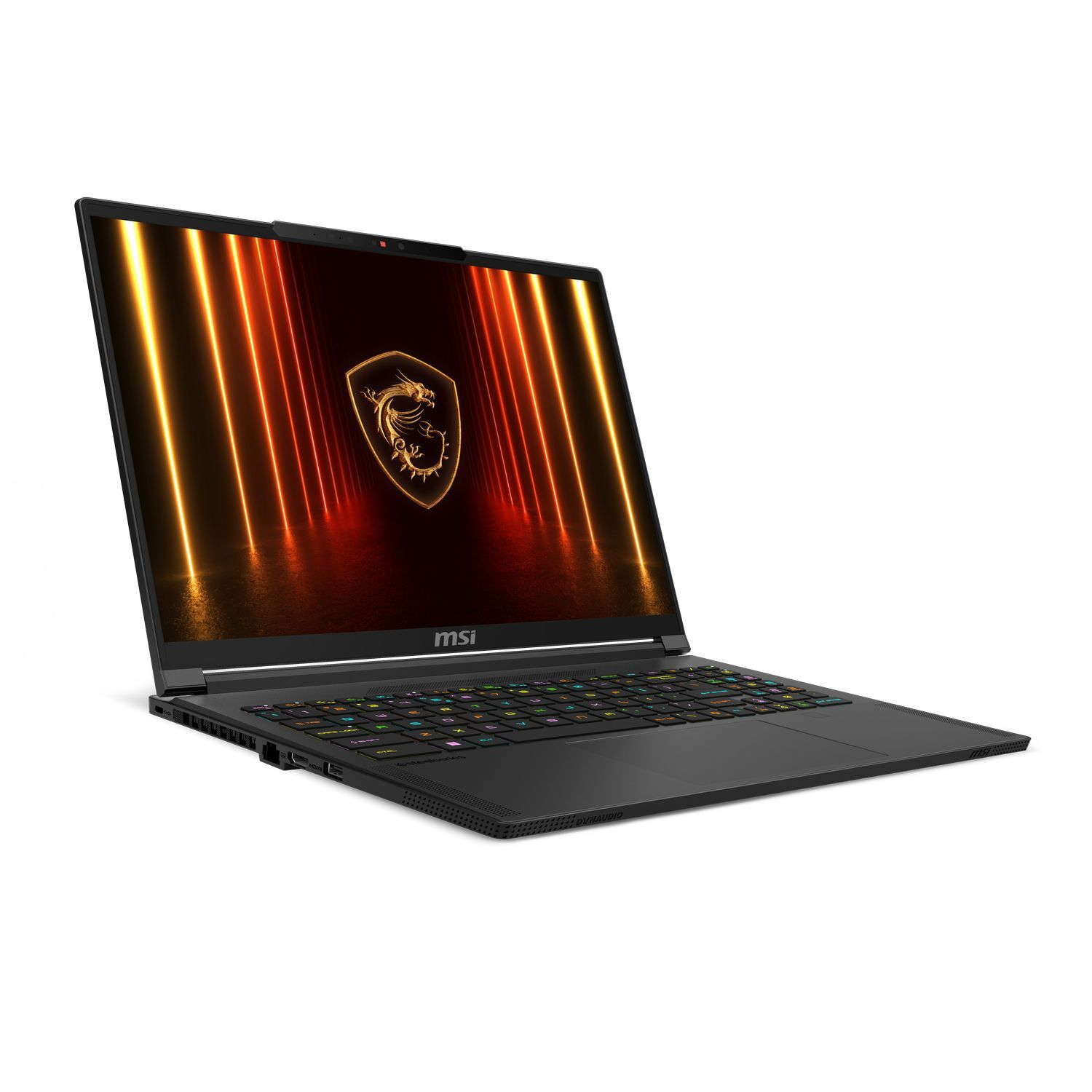 Ordinateur portable MSI noir ouvert, affichant un écran avec un logo de dragon et des rayures orange. Clavier visible. L'ordinateur est sur une surface blanche.