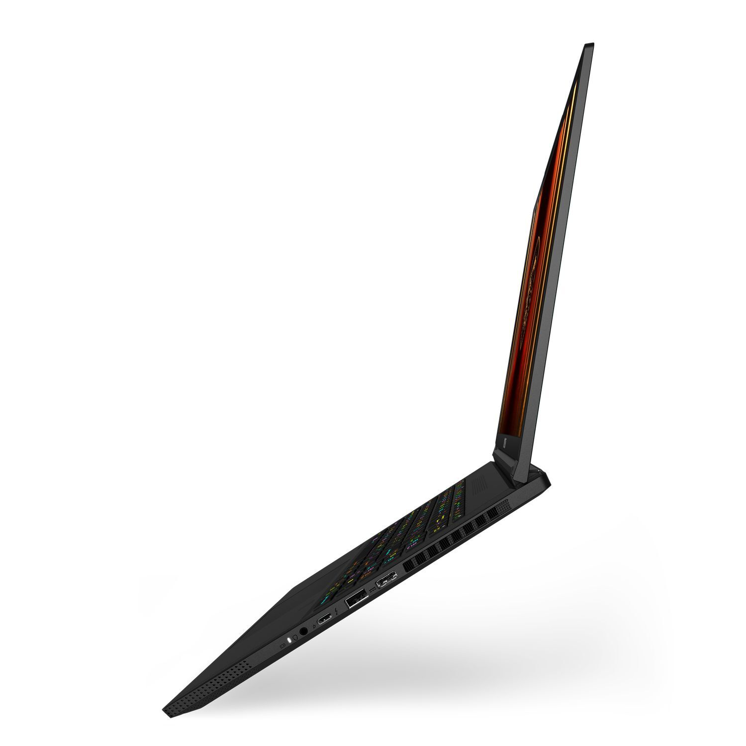 Un ordinateur portable noir est ouvert en biais sur fond blanc. L'écran affiche un design orange et rouge flamboyant.