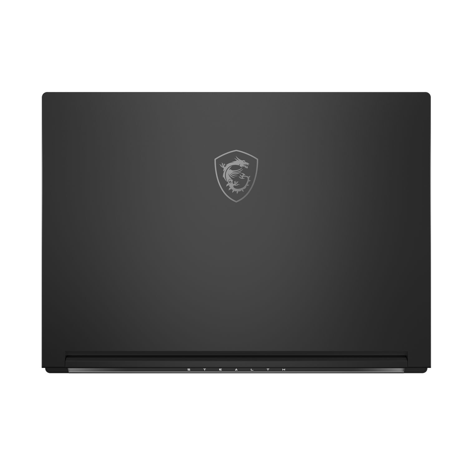 Ordinateur portable noir, vue de dessus. Logo MSI argenté au centre. Bord inférieur avec 'STEALTH' imprimé. Fond sombre.