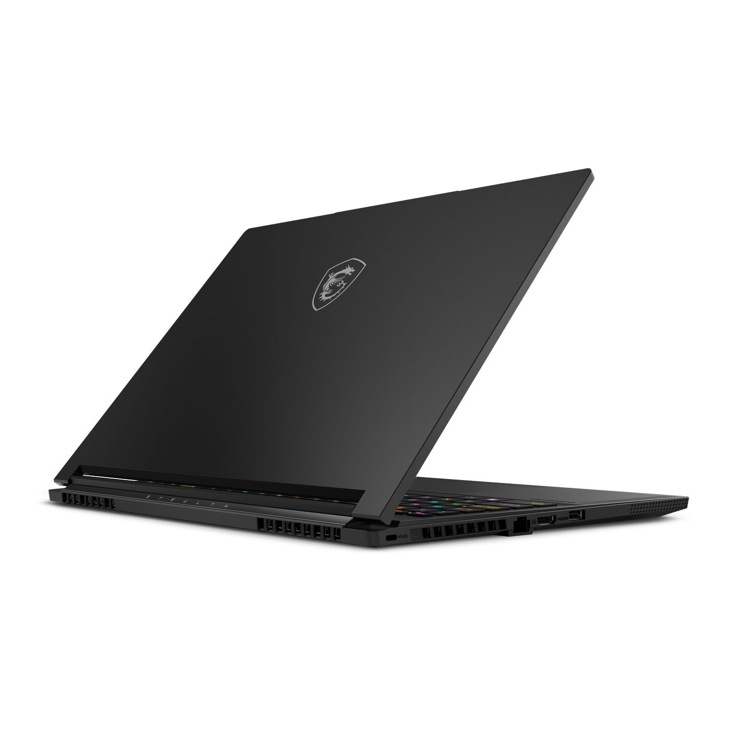 Ordinateur portable noir, légèrement ouvert, vue en angle. Clavier visible, logo MSI sur le couvercle. Fond blanc.