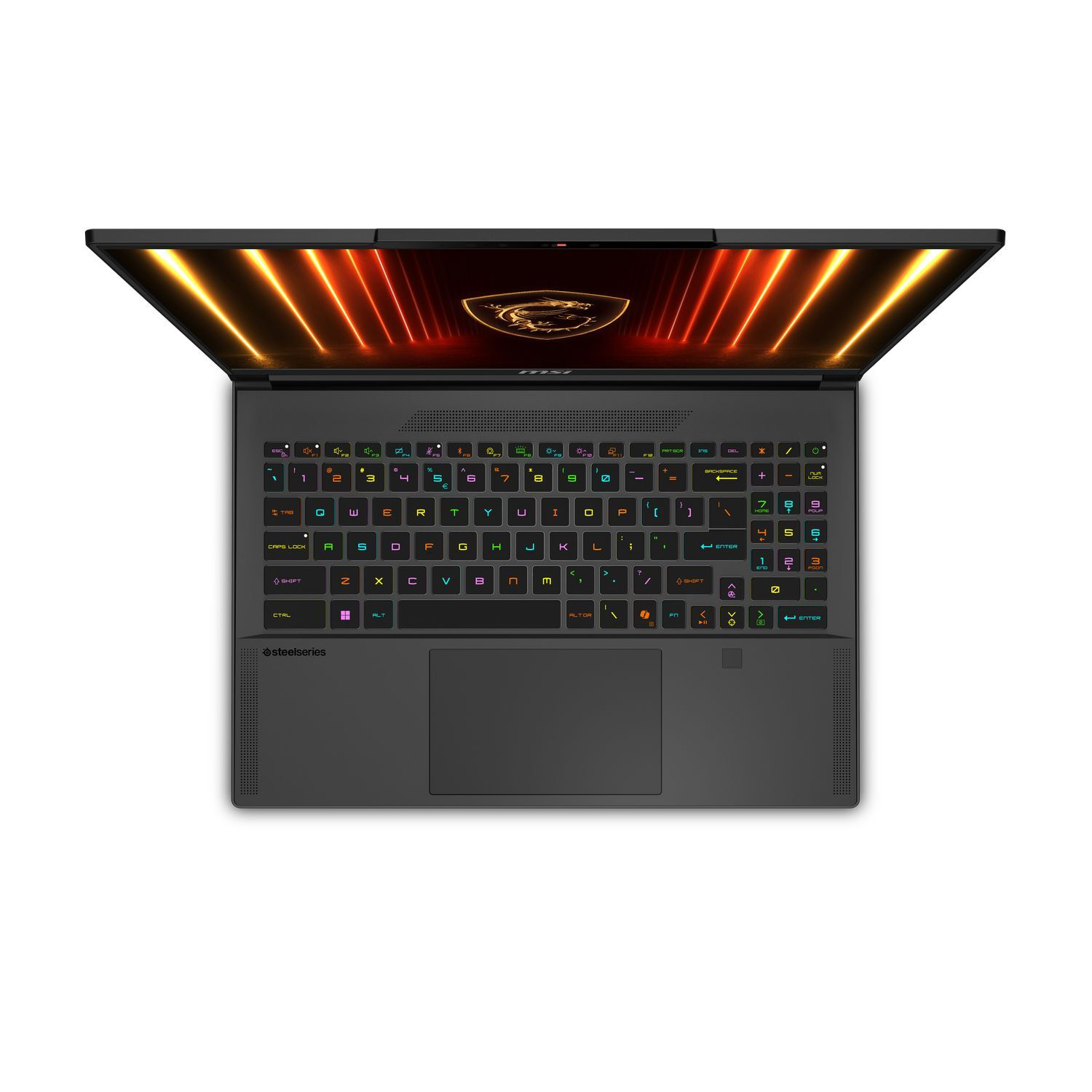 Ordinateur portable avec écran ouvert affichant un design coloré et illuminé. Le clavier est mis au point avec des touches colorées. Le fond est blanc.
