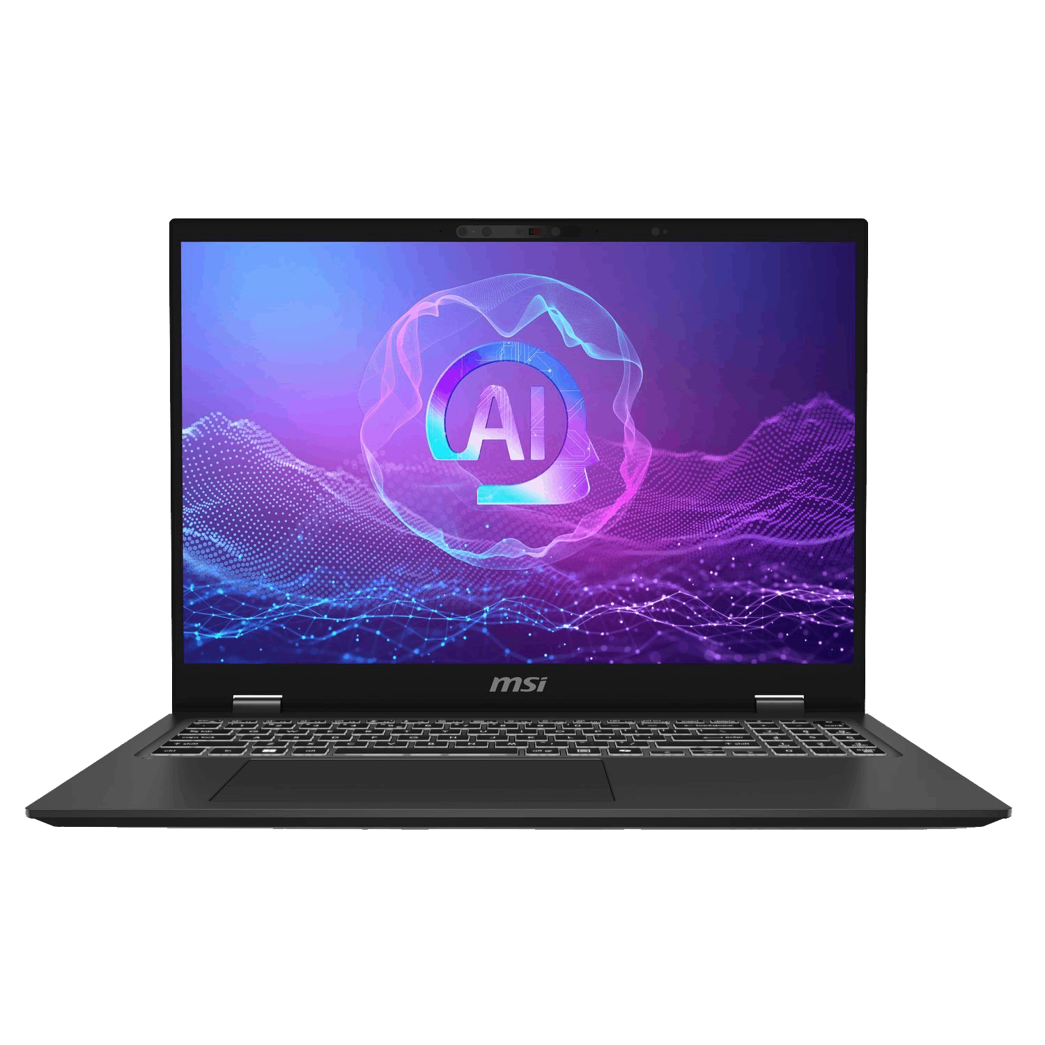 Een zwarte MSI-laptop is open en toont een AI-afbeelding op het scherm. De achtergrond is donker met paarse en blauwe tinten.