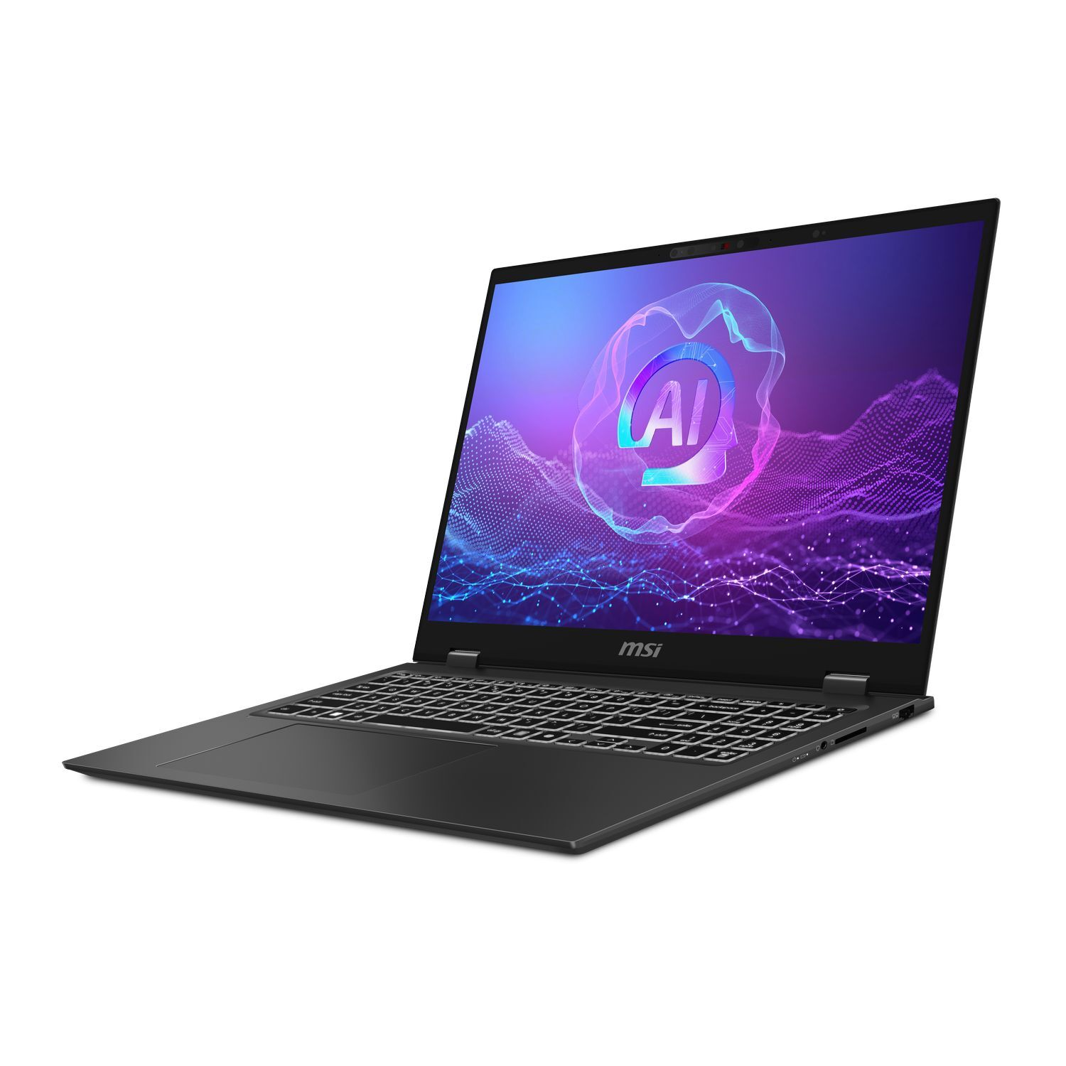 Een zwarte MSI laptop is open en toont een AI-afbeelding. Het toetsenbord is zichtbaar. De achtergrond is wit.