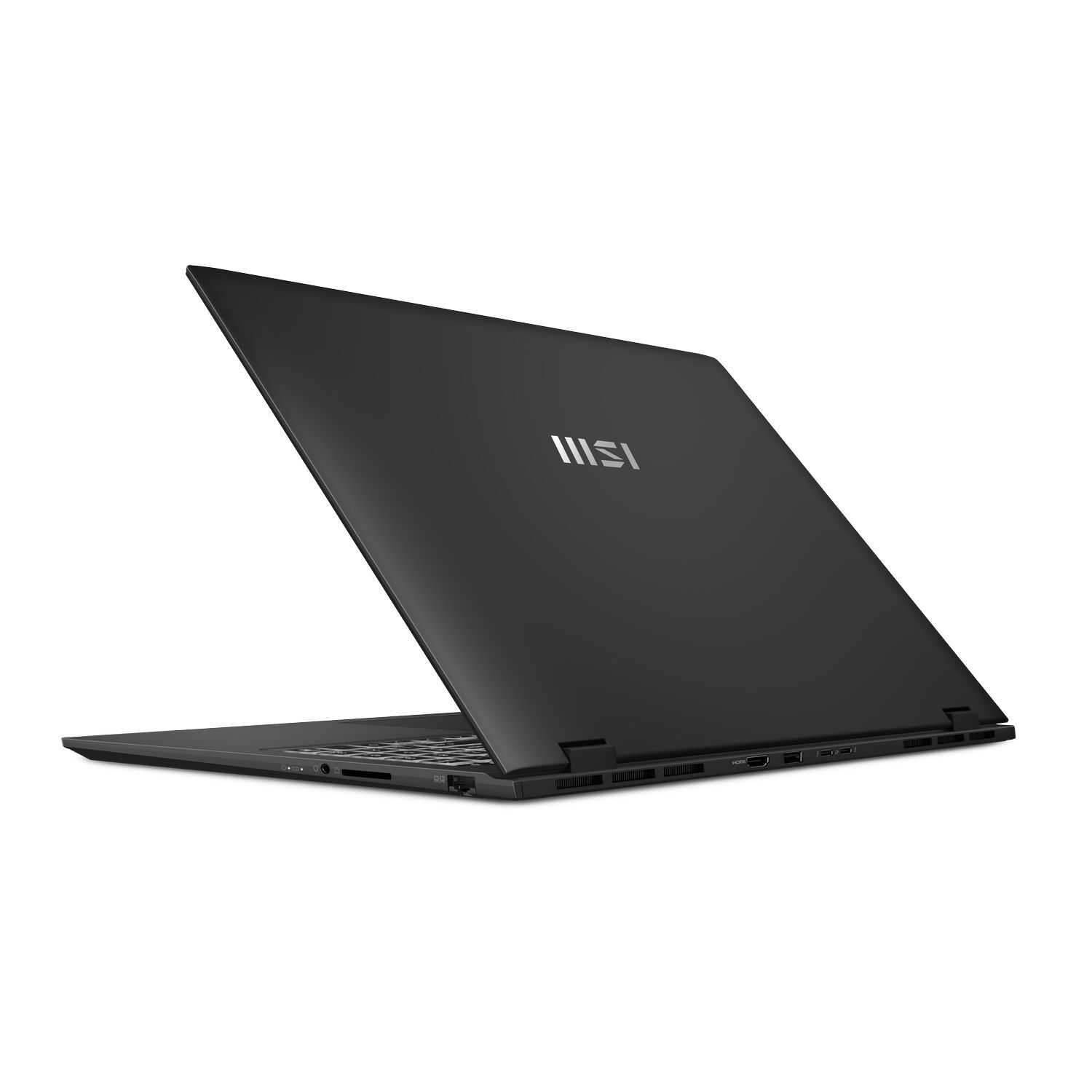 Zwarte laptop in een hoek, open om het scherm te tonen. Het MSI-logo is zichtbaar. De achtergrond is wit.