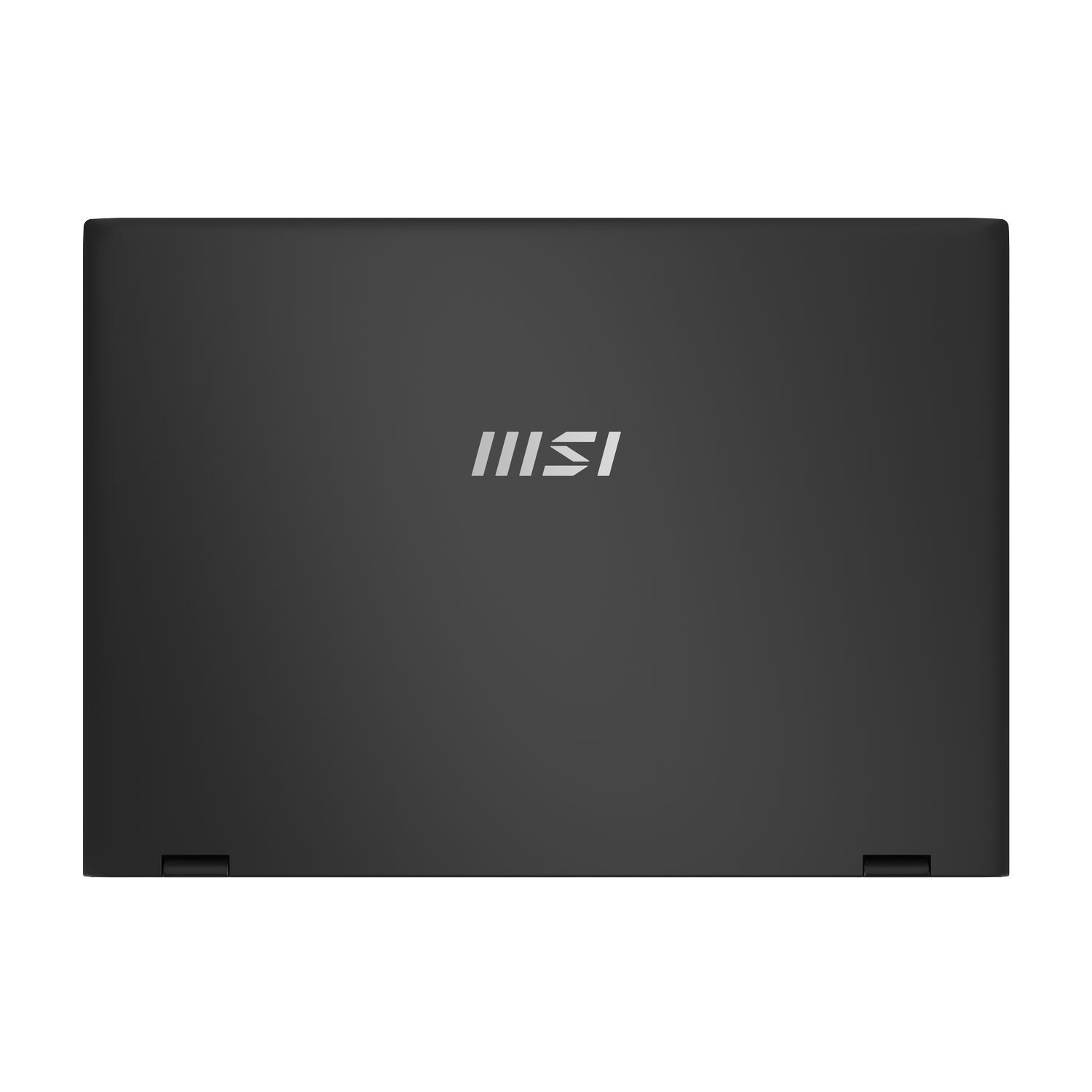 Een gesloten, zwarte laptop met het MSI-logo in het midden. De laptop is rechthoekig met afgeronde hoeken en scharnieren aan de onderkant.