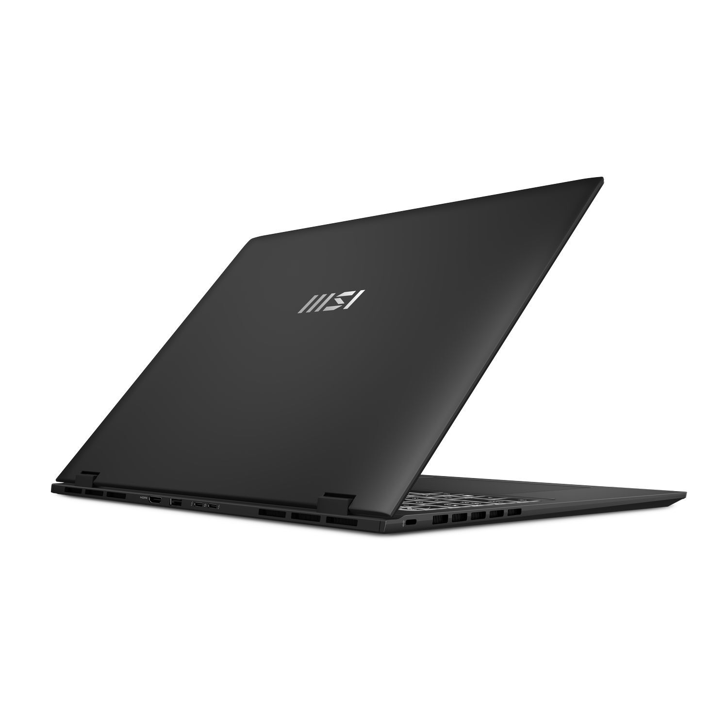 Een zwarte laptop staat iets open, schuin naar rechts. Het MSI-logo is zichtbaar. De laptop staat op een witte achtergrond.