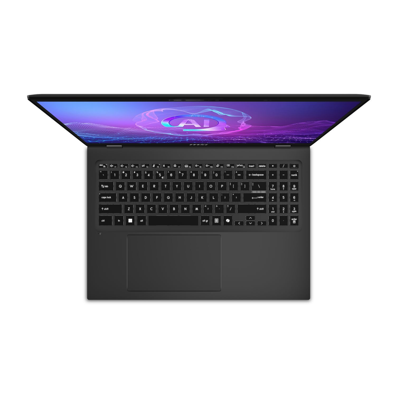 Een zwarte laptop is open, met een toetsenbord en scherm. Het scherm toont een paars en blauw ontwerp met 'AI'.