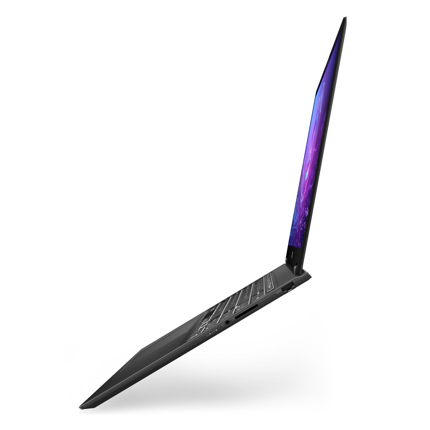 Een zwarte laptop staat open, schuin naar rechts, met het toetsenbord, scherm met paarse tinten en een witte achtergrond.