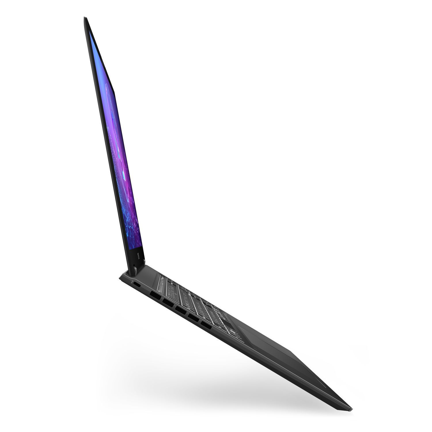 Een zwarte laptop, gedeeltelijk open, tegen een witte achtergrond. Het scherm toont een kleurrijk display.