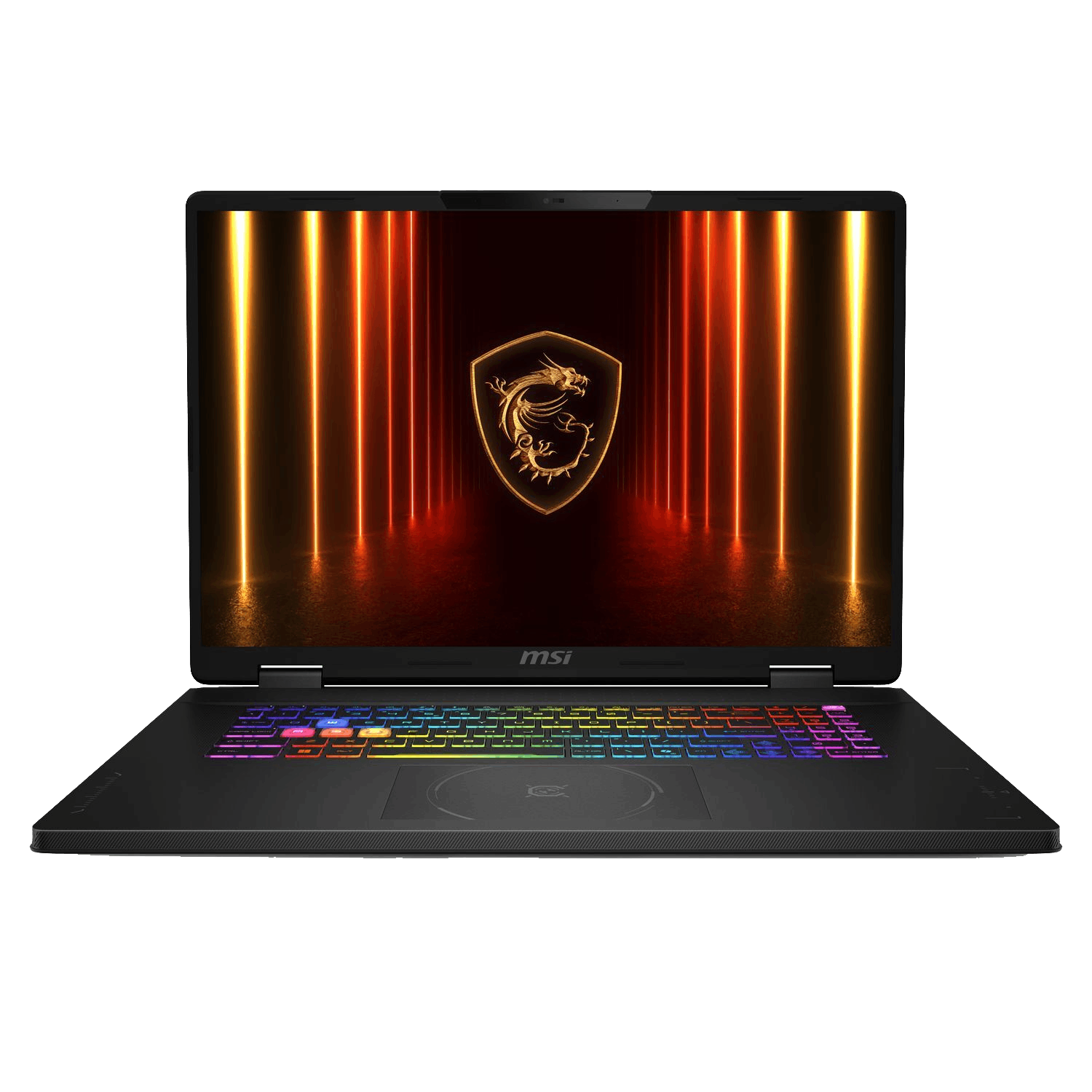Een MSI-laptop met oplichtend toetsenbord. Het scherm toont een gouden drakenlogo tegen rode en oranje verticale lijnen.
