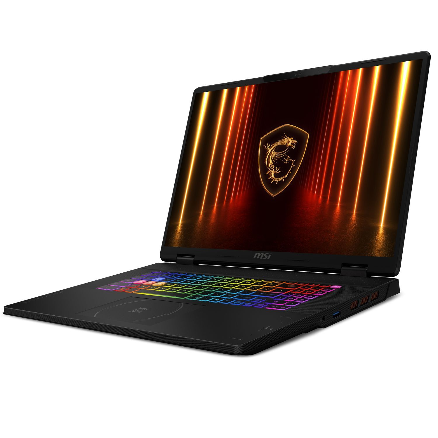 Zwarte MSI-laptop. Scherm toont een gouden drakenlogo, met kleurrijk toetsenbord. Het scherm toont oranje en gele lichten.