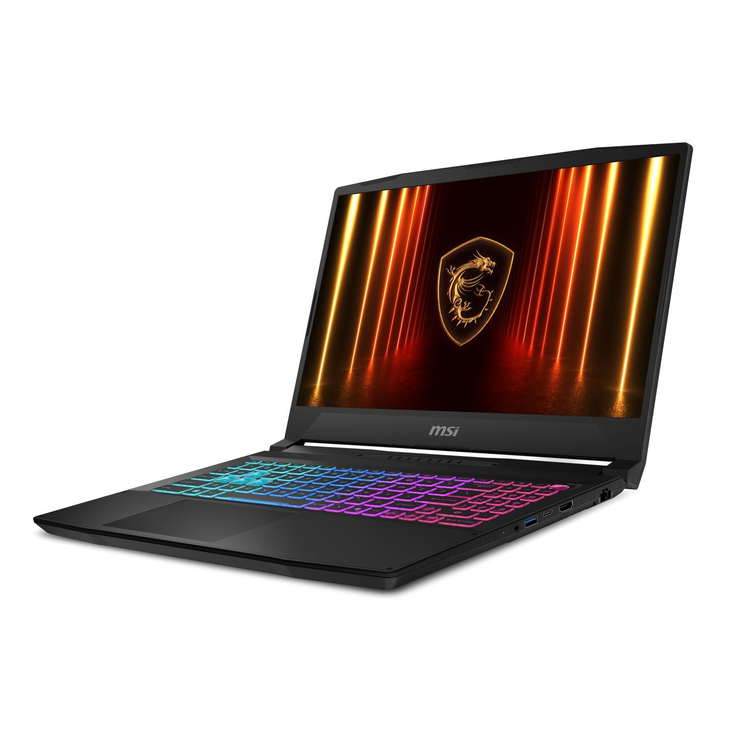 Black MSI laptop with a colorful keyboard. The screen displays a dragon logo and orange lines. The background is white.