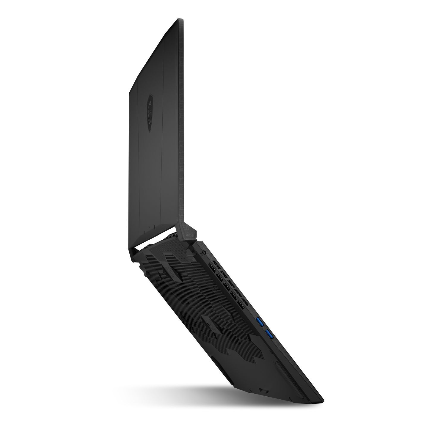 A black laptop is tilted open, showing the keyboard and screen. The laptop is against a white background.