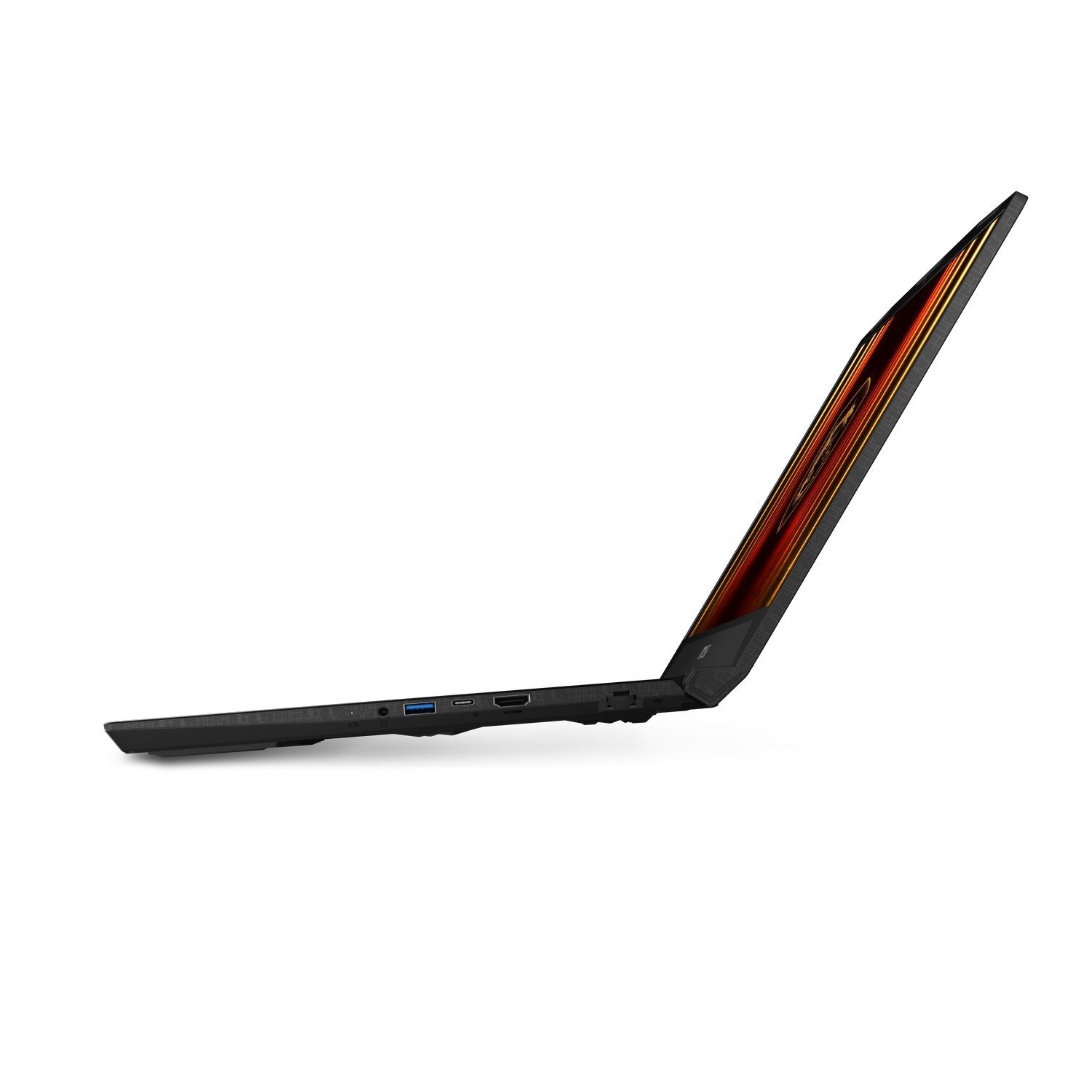 Een zwarte laptop staat iets open. Het scherm toont oranje en rode kleuren. De laptop staat op een witte achtergrond.
