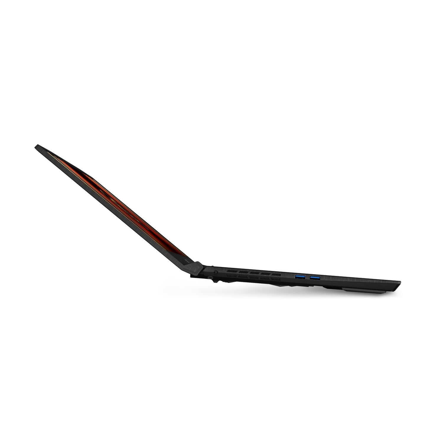 Een zwarte laptop is omhoog gekanteld en onthult een rood binnenframe. De laptop staat op een witte achtergrond.