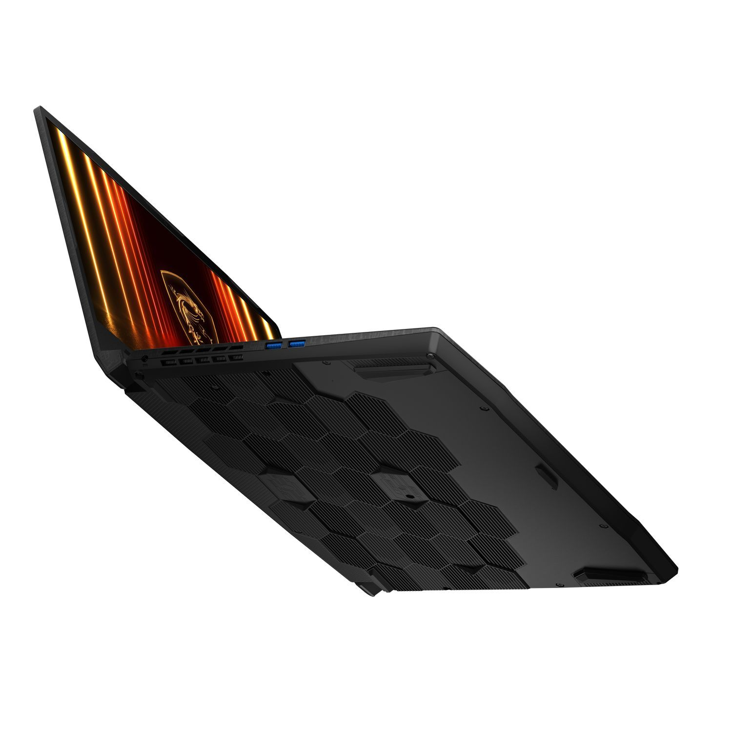 Schuine weergave van een zwarte laptop. Het scherm is open en toont oranje en gele lijnen.