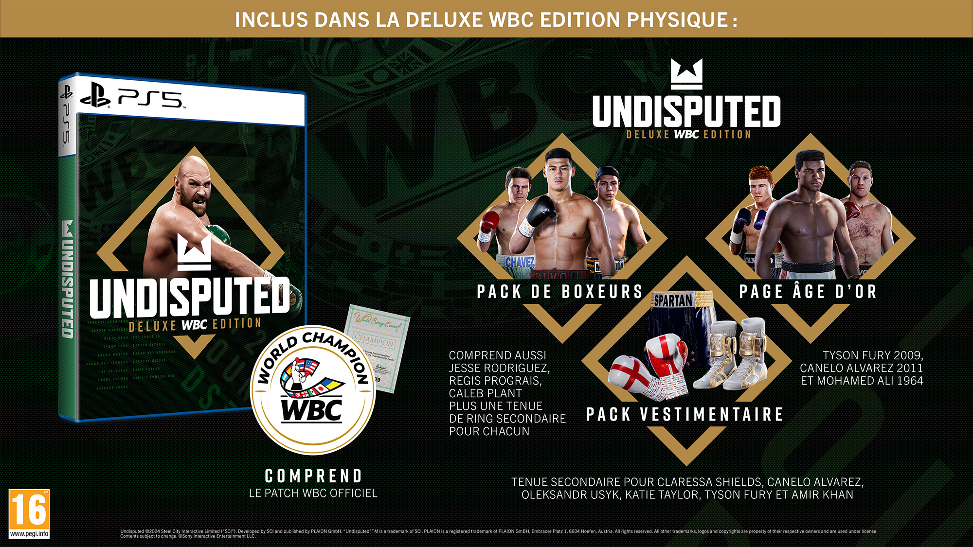 L'immagine mostra il videogioco Undisputed Deluxe WBC Edition, con figure di boxe e componenti aggiuntivi. Include combattenti e accessori.