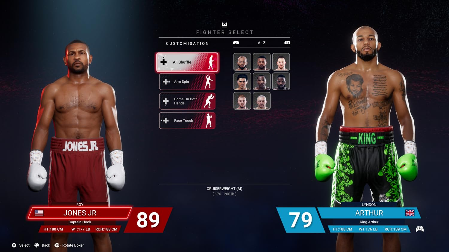 Interface de jeu de boxe. Deux boxeurs sont affichés, avec des options de personnalisation et des statistiques. L'un est Jones Jr., l'autre est King Arthur.