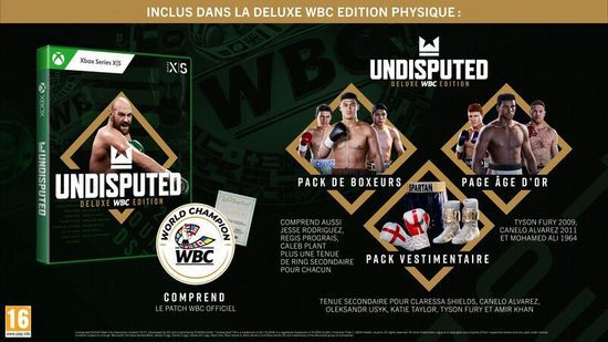 Una pubblicità per il videogioco Undisputed Deluxe WBC Edition. Mostra la scatola del gioco, immagini di pugili e contenuti extra.