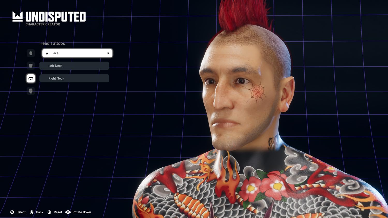Un homme avec une crête rouge, un tatouage de toile d'araignée sur le visage et un tatouage de dragon sur l'épaule est sur un écran de création de personnage.