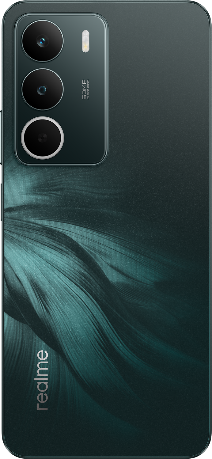 Teal színű okostelefon hátlap, kamerarendszerrel és Realme logóval. A hátlap absztrakt dizájnnal rendelkezik.