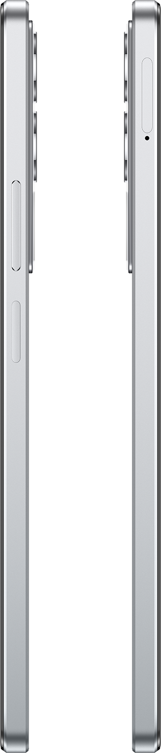 Két ezüst telefon oldal, az egyik gombokkal, a másik kamerákkal. Fehér háttér.