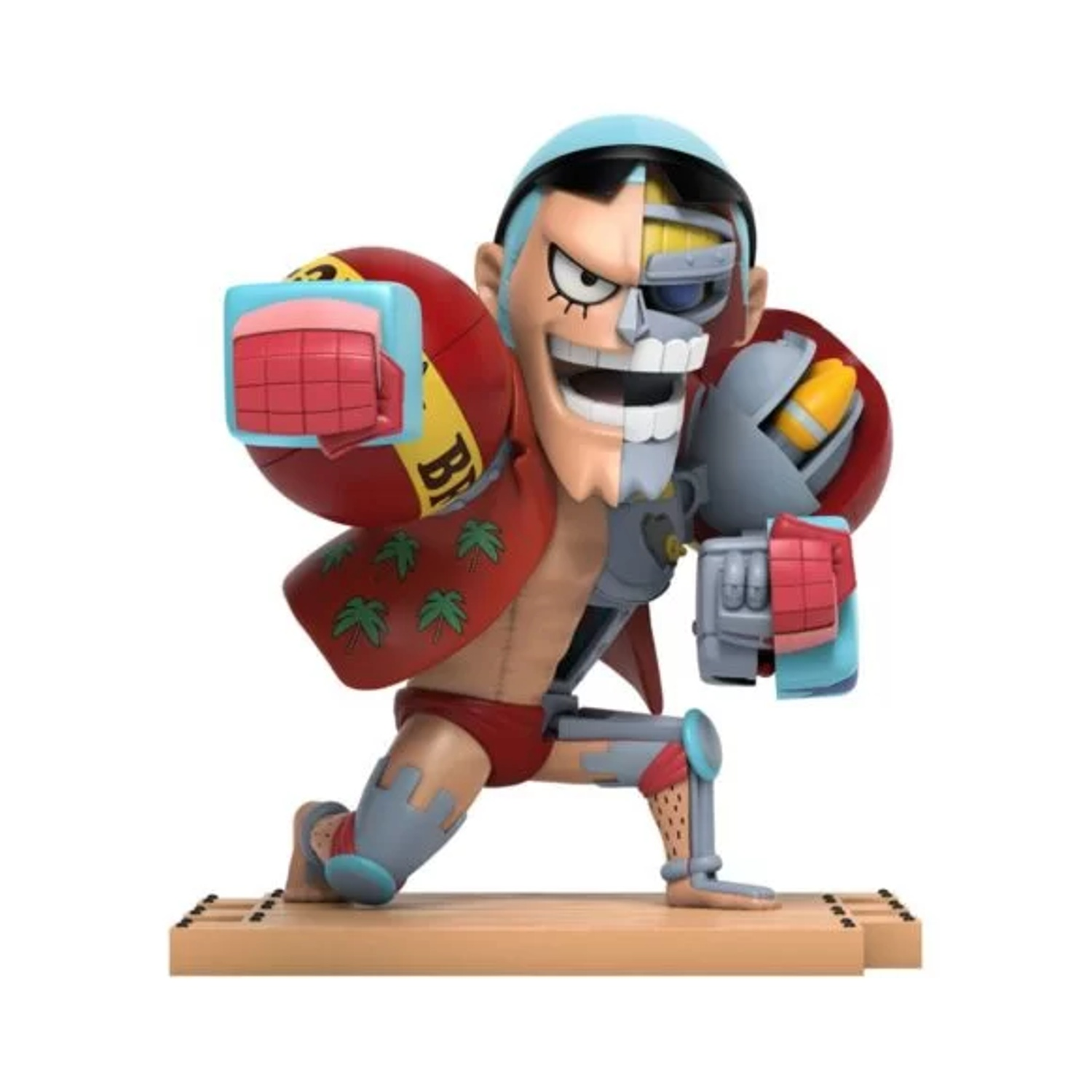 Una statuina di un personaggio cyborg in posa da combattimento. Ha un mix di parti umane e robotiche, con pantaloncini rossi e una giacca rossa.