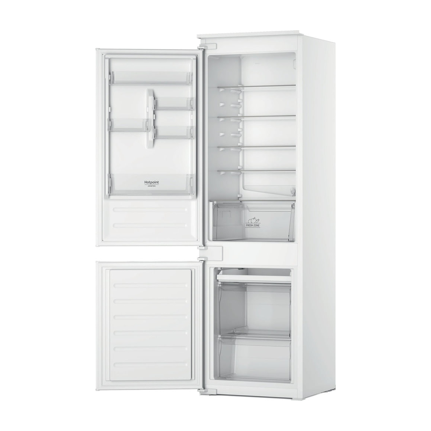 Un frigorifero bianco aperto mostra l'interno. Sono visibili ripiani e cassetti. Il logo Hotpoint è visibile sulla porta.