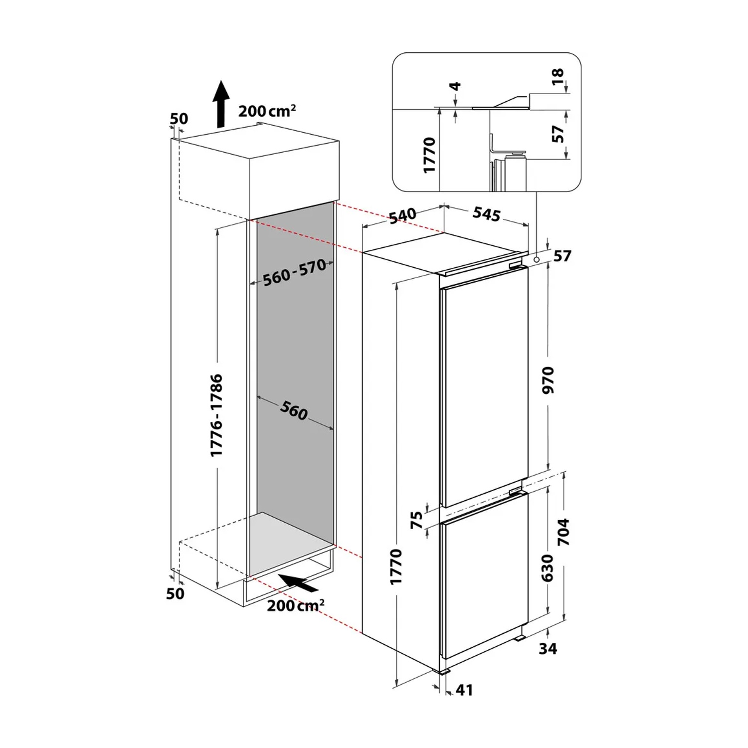 Diagramma di un frigorifero con dimensioni in cm. Mostra altezza, larghezza e profondità dell'apparecchio e dei suoi scomparti.
