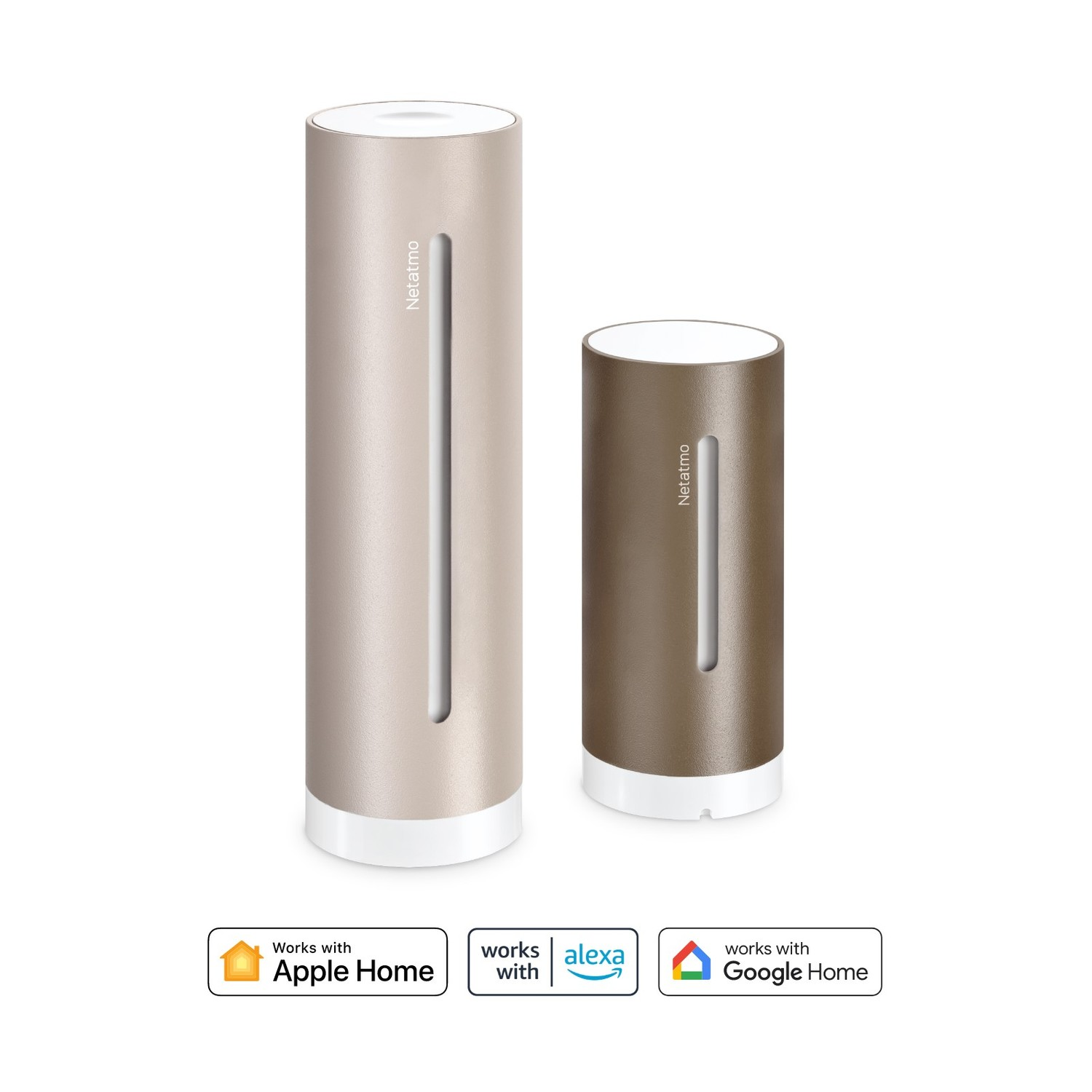 Due dispositivi Netatmo cilindrici. Uno beige, l'altro marrone. Entrambi hanno una base bianca e una parte superiore bianca. Loghi per Apple, Alexa e Google.