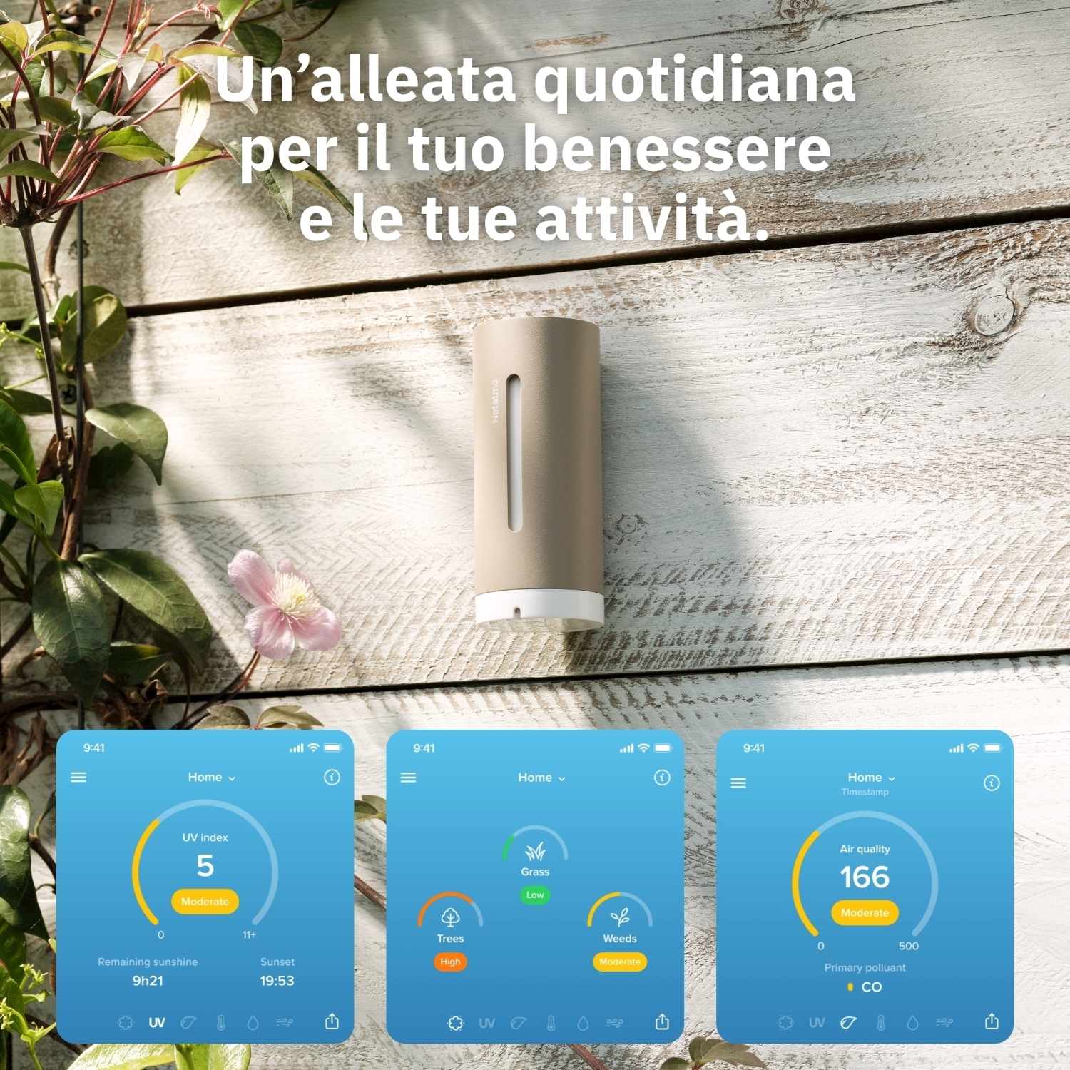 L'immagine mostra un dispositivo, tre schermi con dati e piante. Gli schermi mostrano l'indice UV, alberi/erba/erbacce e dati sulla qualità dell'aria.