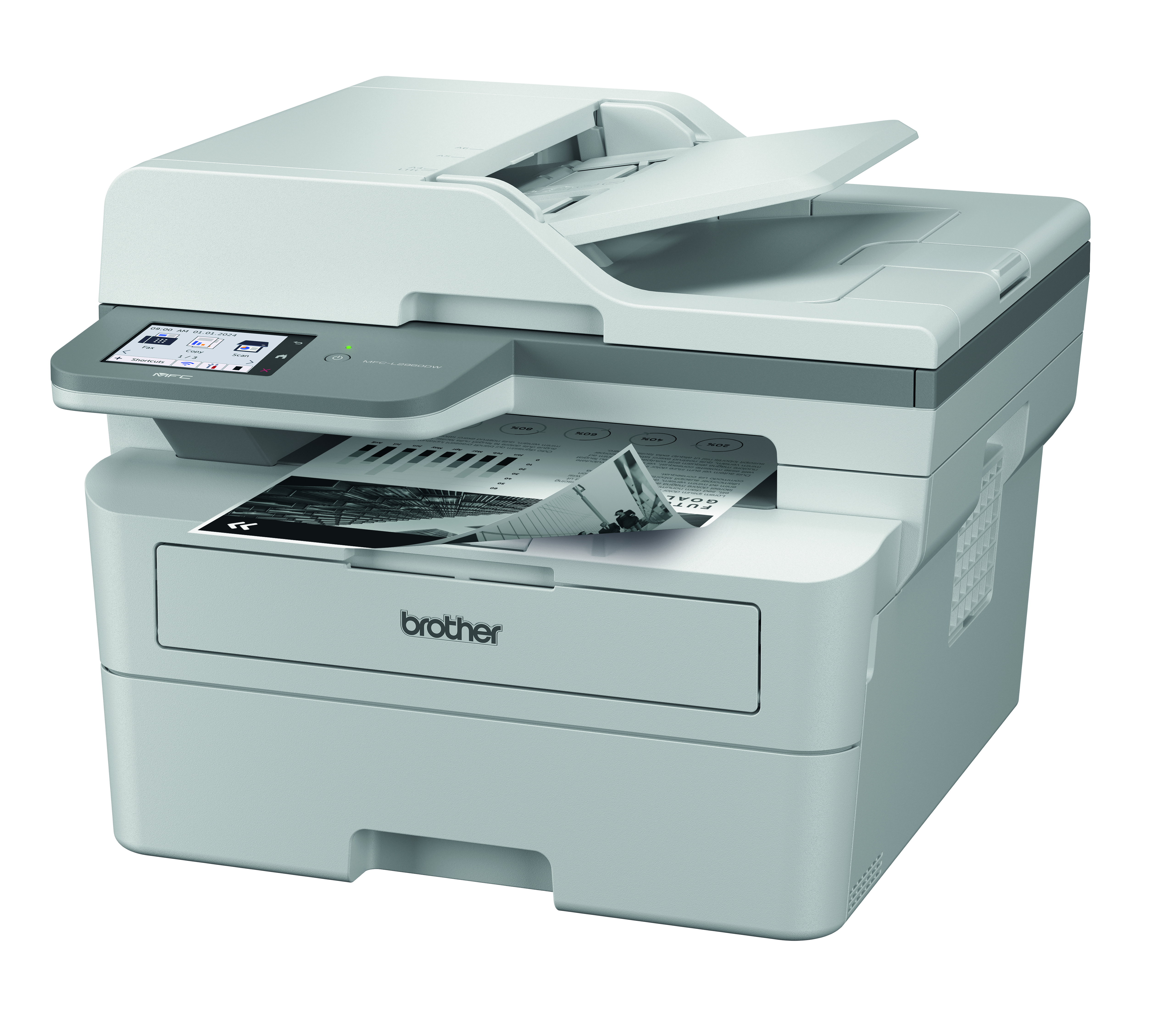 Ein weißer Brother-Multifunktionsdrucker mit Papierausgabe. Die obere Abdeckung ist geöffnet. Ein Bildschirm befindet sich an der Seite.