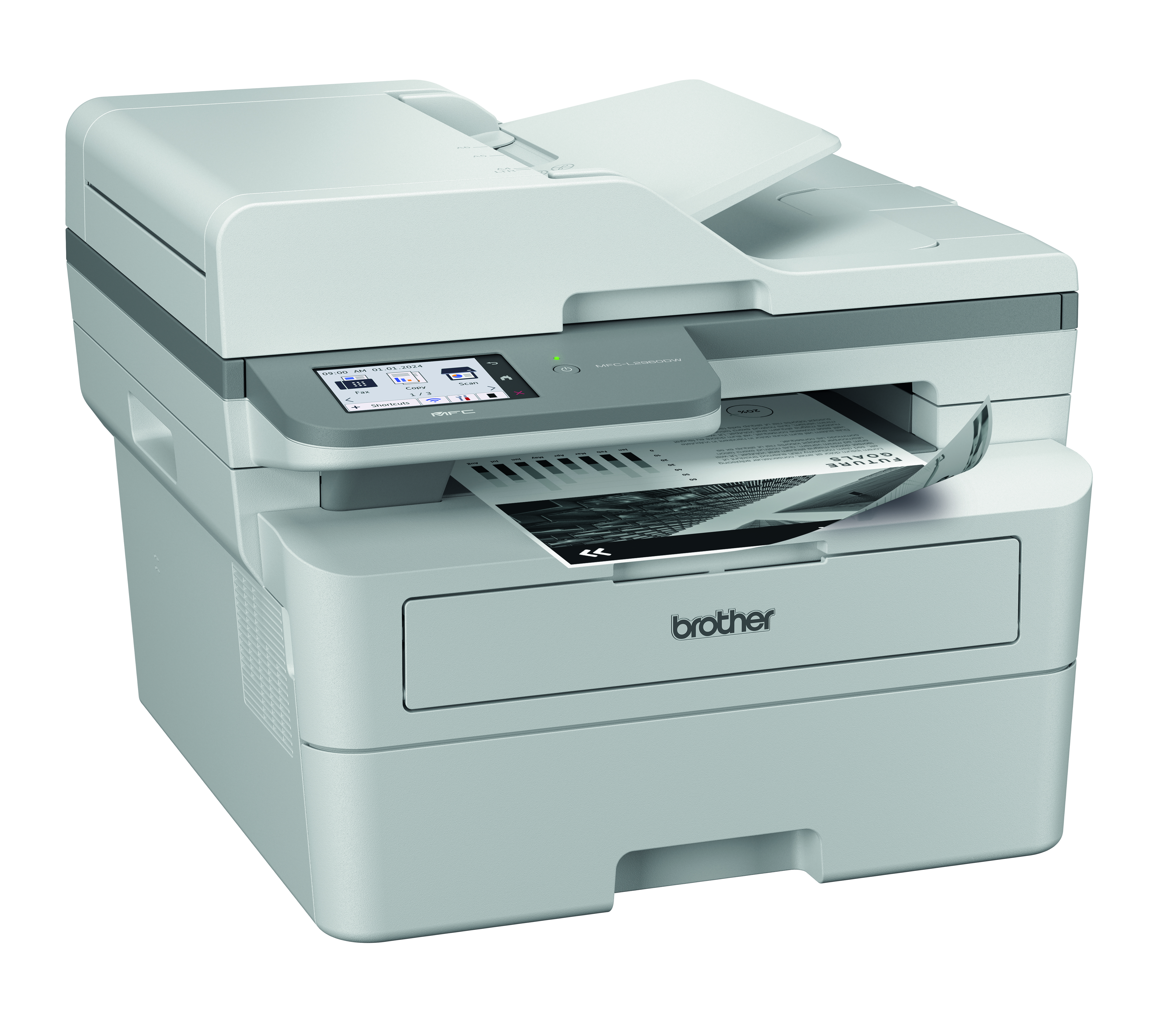 Ein Brother-Multifunktionsdrucker wird gezeigt. Eine gedruckte Seite kommt heraus. Der Drucker ist weiß und grau.